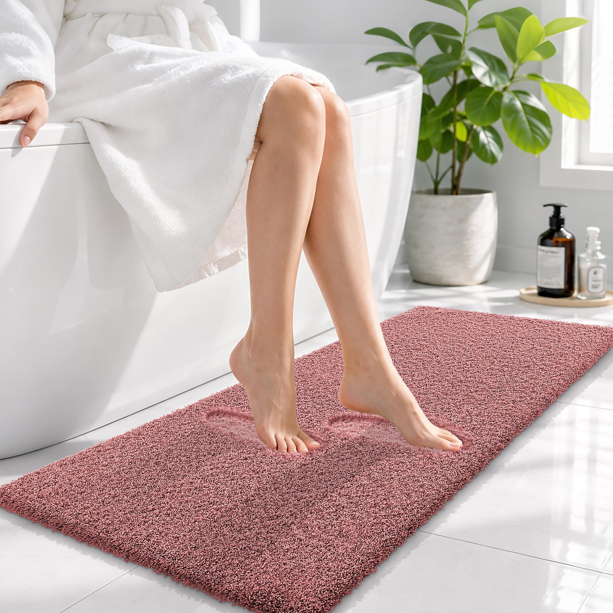 OLANLY Microfiber Bathroom Runner Rugs 47x17, Soft Bath Mat, Deep Rose