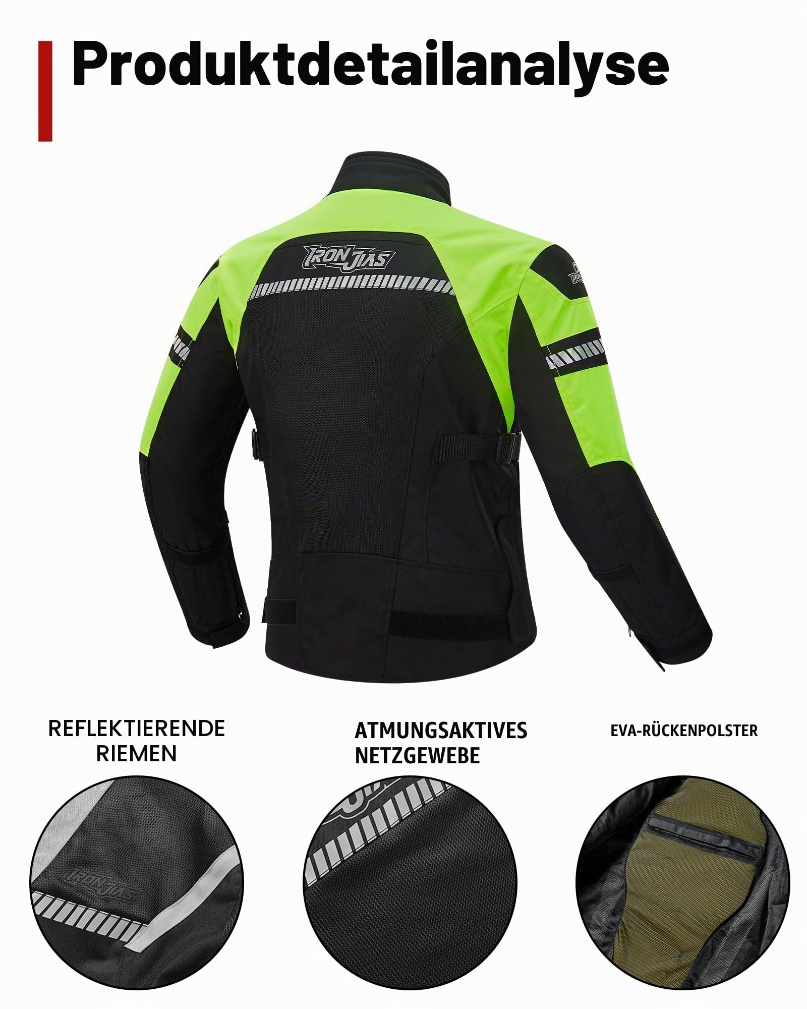 BORLENI Motorradjacke Sommer Herren Motorrad jacken Atmungsaktiver Panzerschutz Hochglanz Reflektierend Grün XL