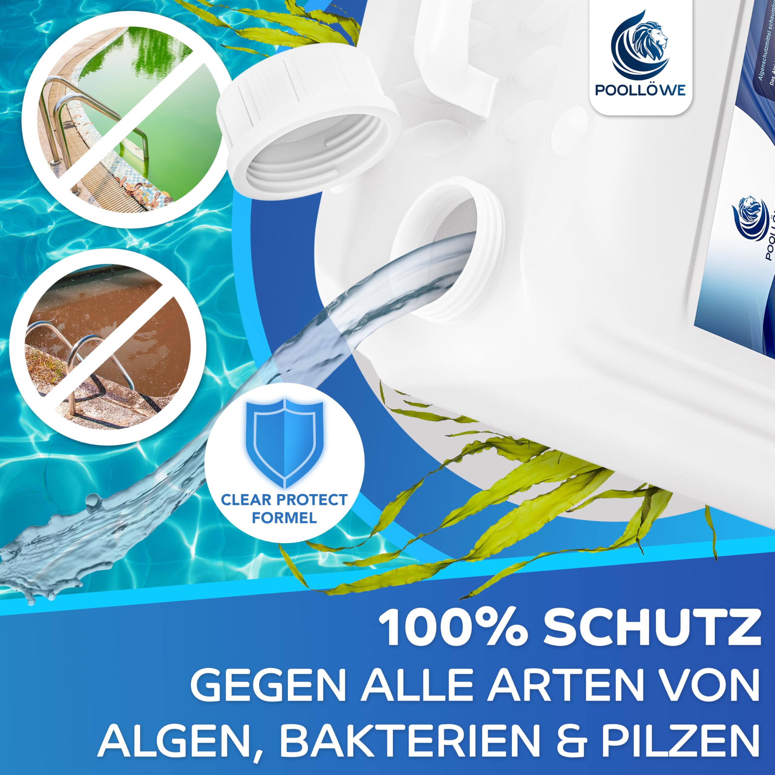 PoolLöwe® Algenvernichter Pool mit Klareffekt 2.0 und [360° Algenschutz] | Algizid für Pool flüssig 5L | Maximaler Algenschutz für Schwimmbad & Whirlpool | Algenfrei Algenmittel Algezid Poolklar