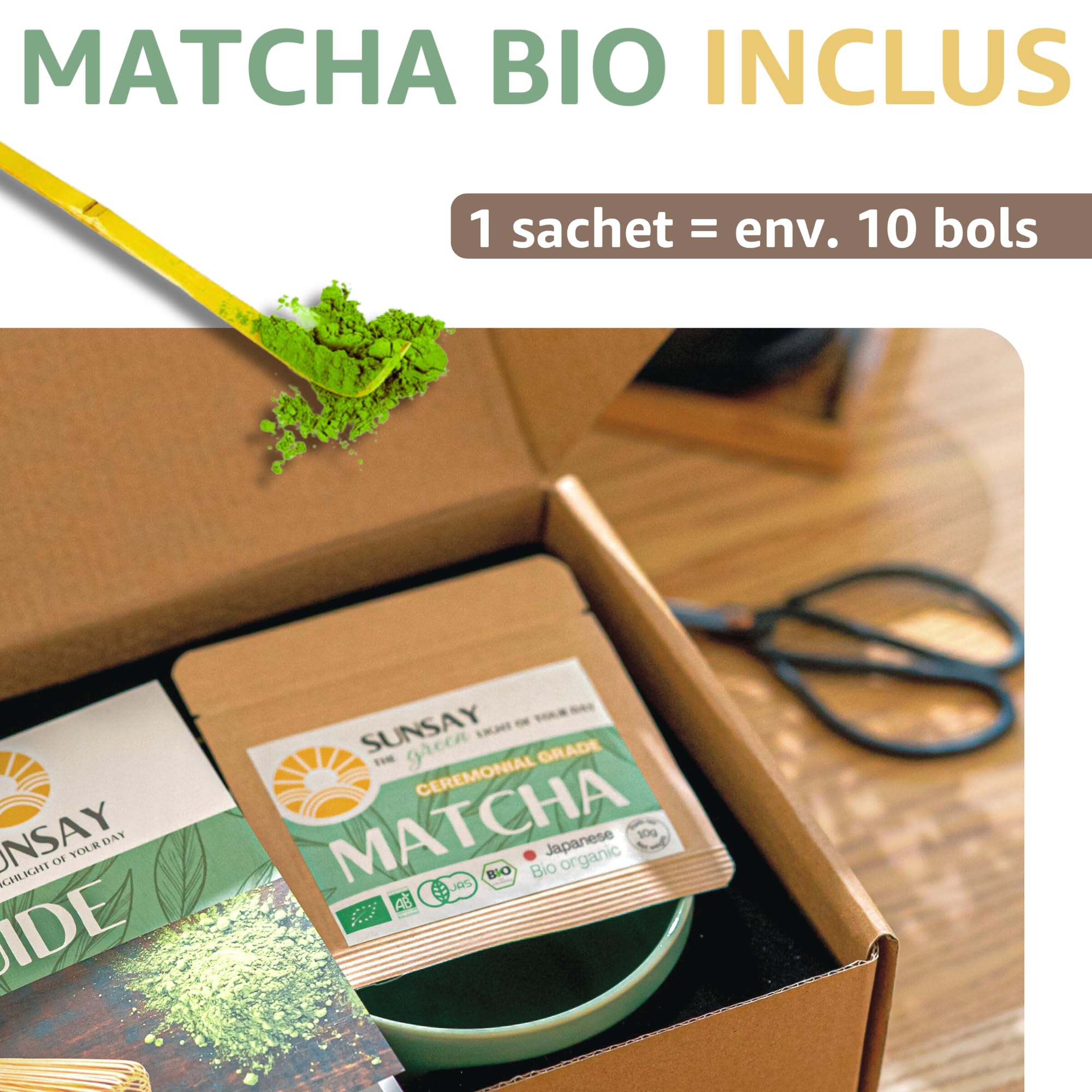 SUNSAY® Kit Matcha Bio Japonais | Coffret Complet avec Matcha Grade Cérémonial + Bol Chawan + Fouet Chasen + Cuillère Bambou | Conditionné en France