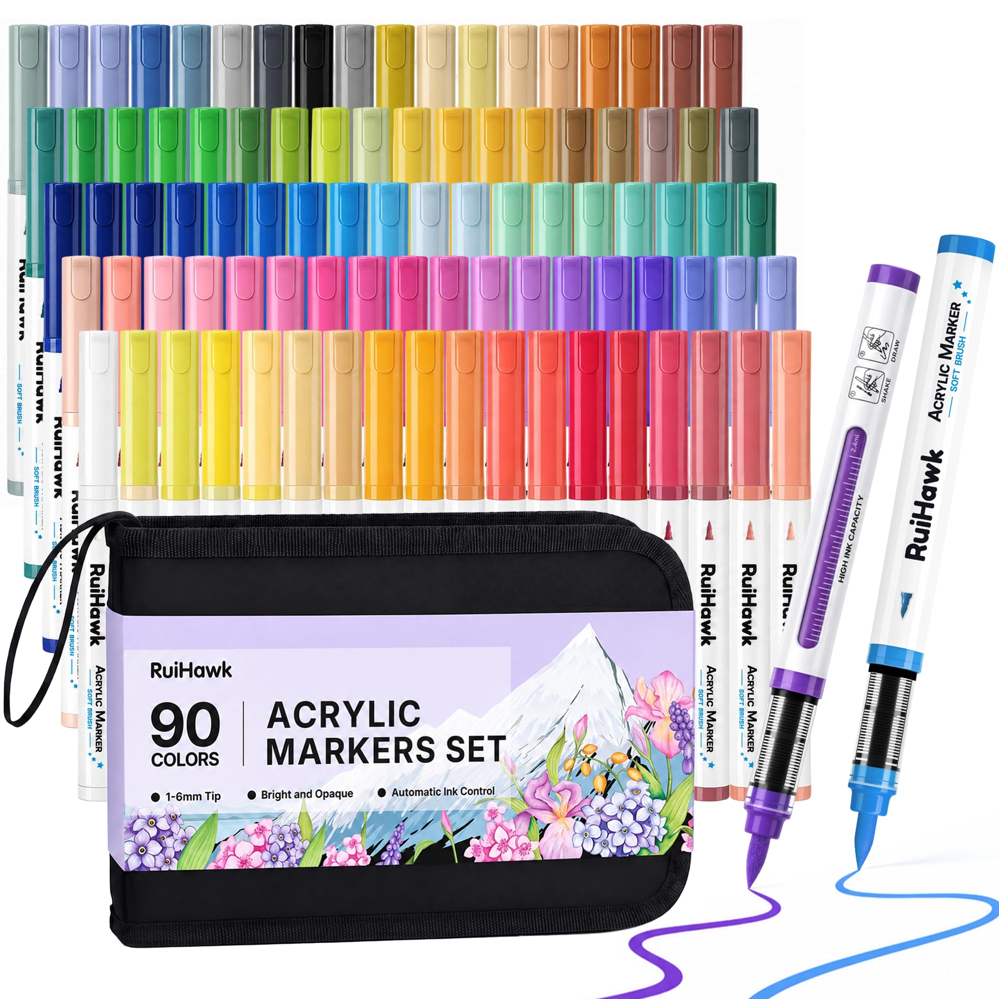 90 Colori Pennarelli Acrilici Set, Paesaggio & Natura con Punta Pennello & Inchiostro Auto, Base Acqua & Alta Copertura per Vetro, Legno, Tela, Tessuto – per Artisti e Fai da Te