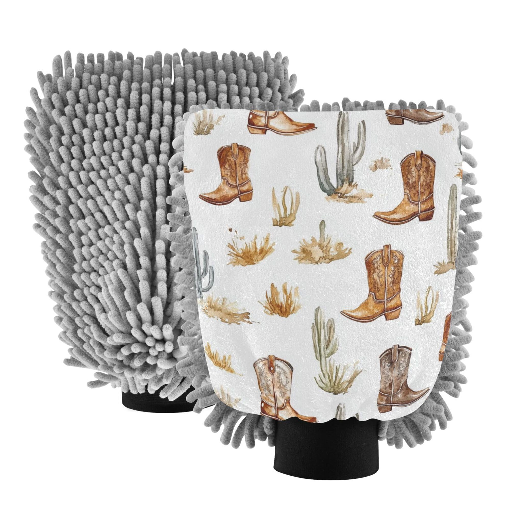 Western Cowboy Boho Cactus Boots Wash Mitt Microfiber 2 Pack Car Washing Gloves Non Scratch Detailing Sponge for Wash Drying