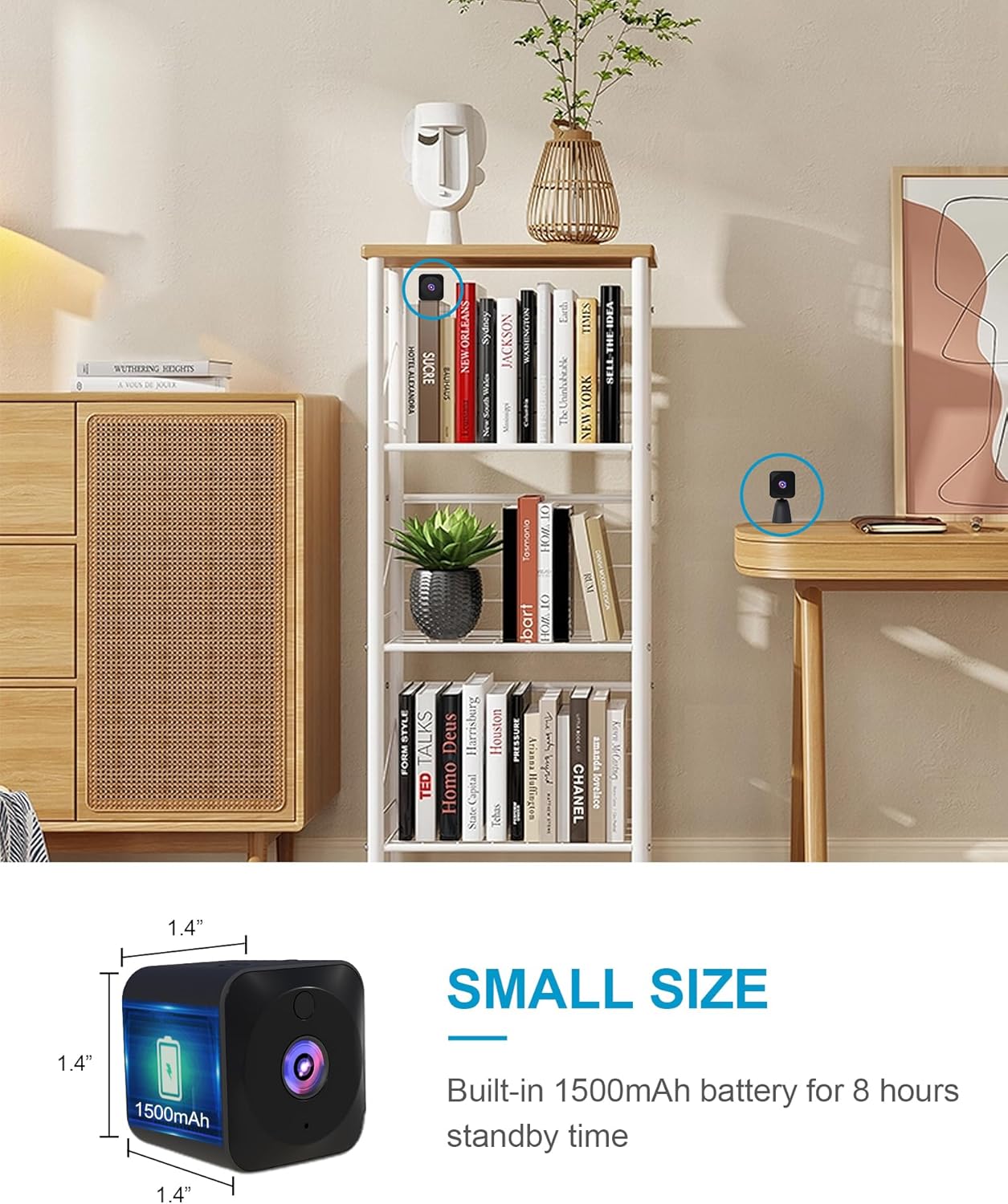 AOBOCAM 4K Mini Camera showing its compact size and dimensions (1.4 inches)