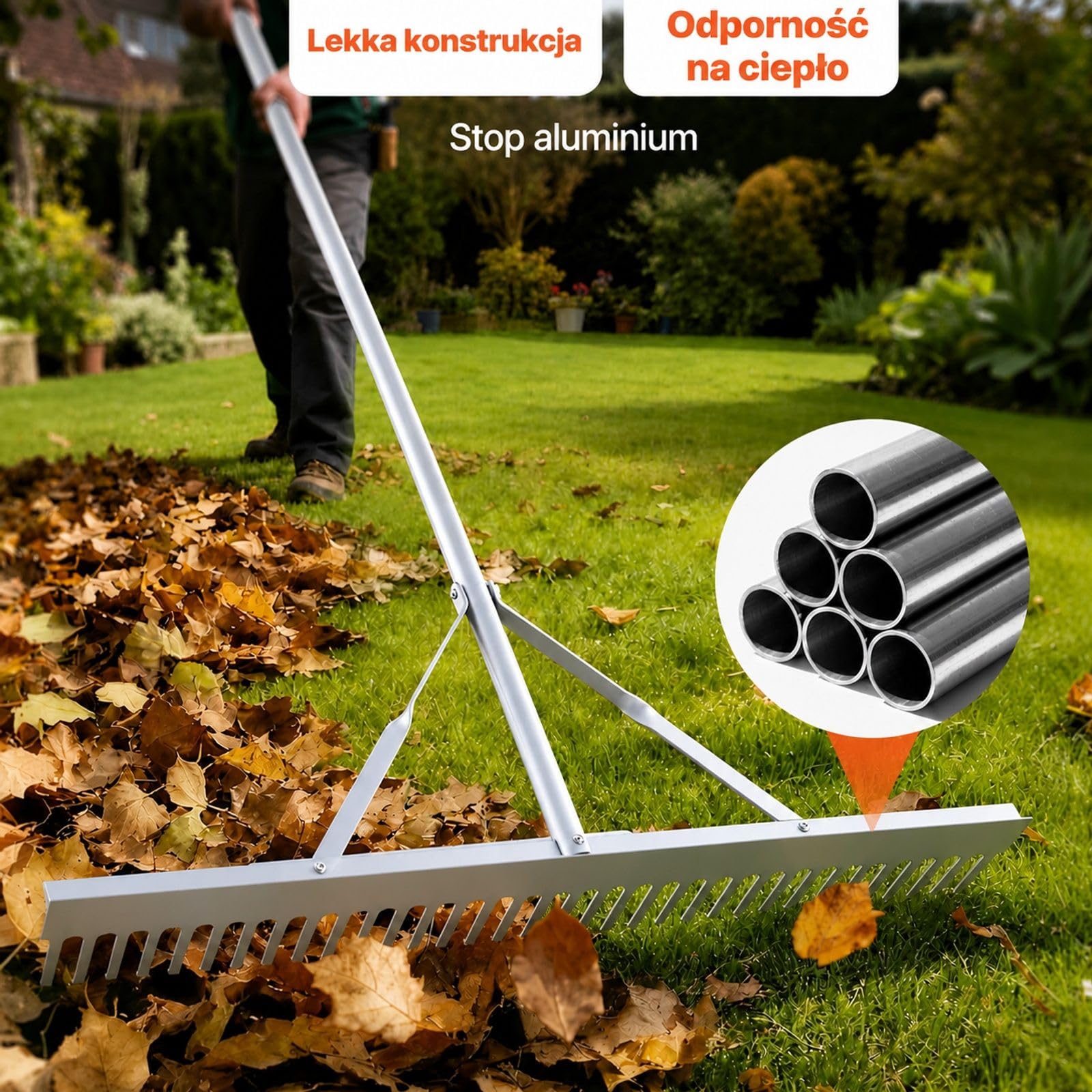Aluminiowe grabie krajobrazowe z szeroką głowicą i długim trzonkiem do gleby, żwiru, ogrodu, podwórka, stawu, plaży oraz trawnika