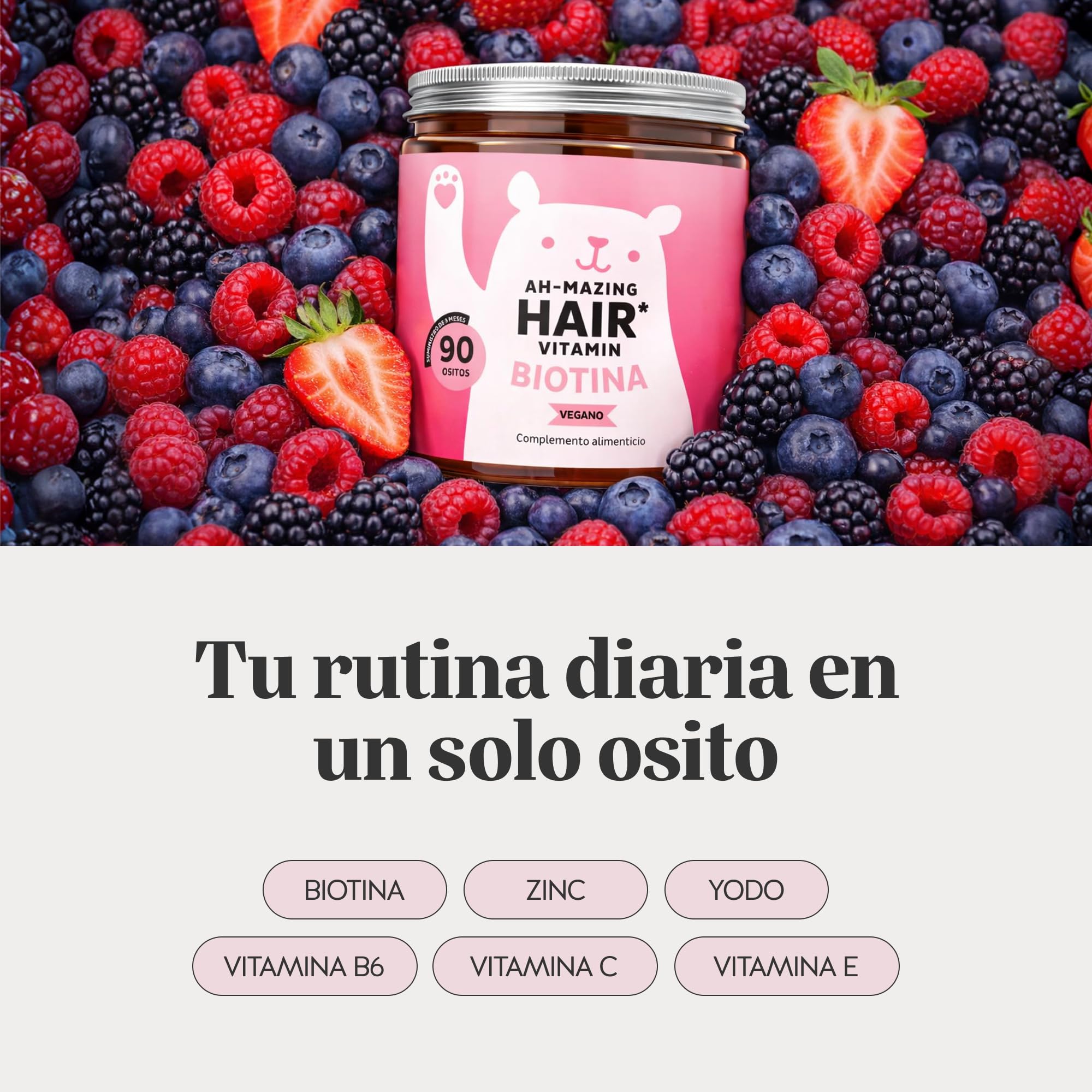 Gominolas Biotina Ah-mazing Hair Vitamin – Para el cabello, uñas y piel - 10.000 µg de Biotina, Zinc, Vitaminas B6, C, E e Yodo – 90 Unidades (3 meses), Vegana - Bears with Benefits