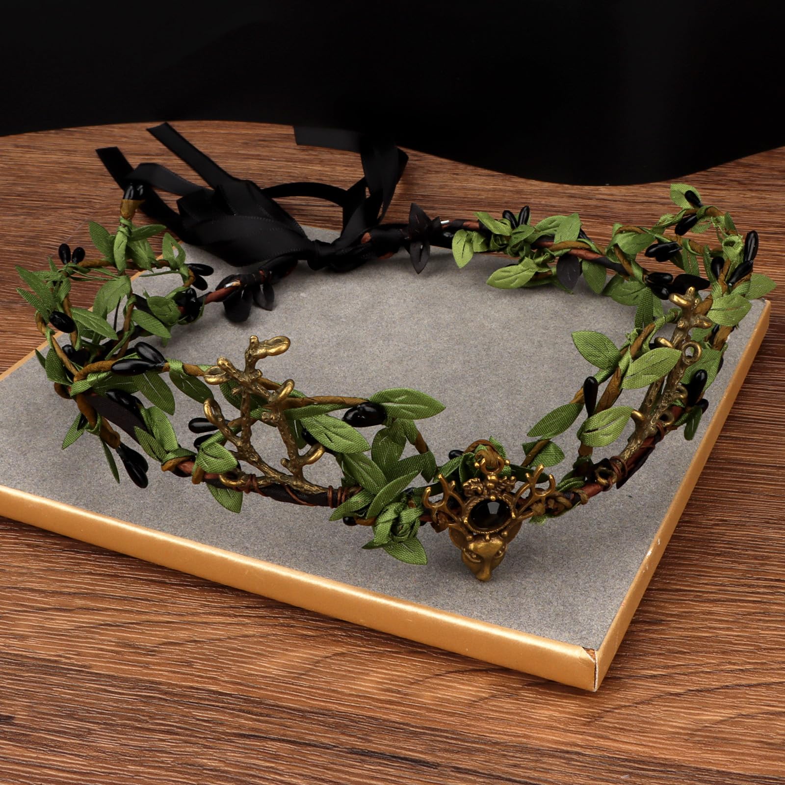 Woodland Elfenkrone, Feenkrone mit Geweih, Elfe, Wald, Kopfschmuck, V-Form, Blume, Kreis, Blatt, Stirnband für Damen, Schwarz