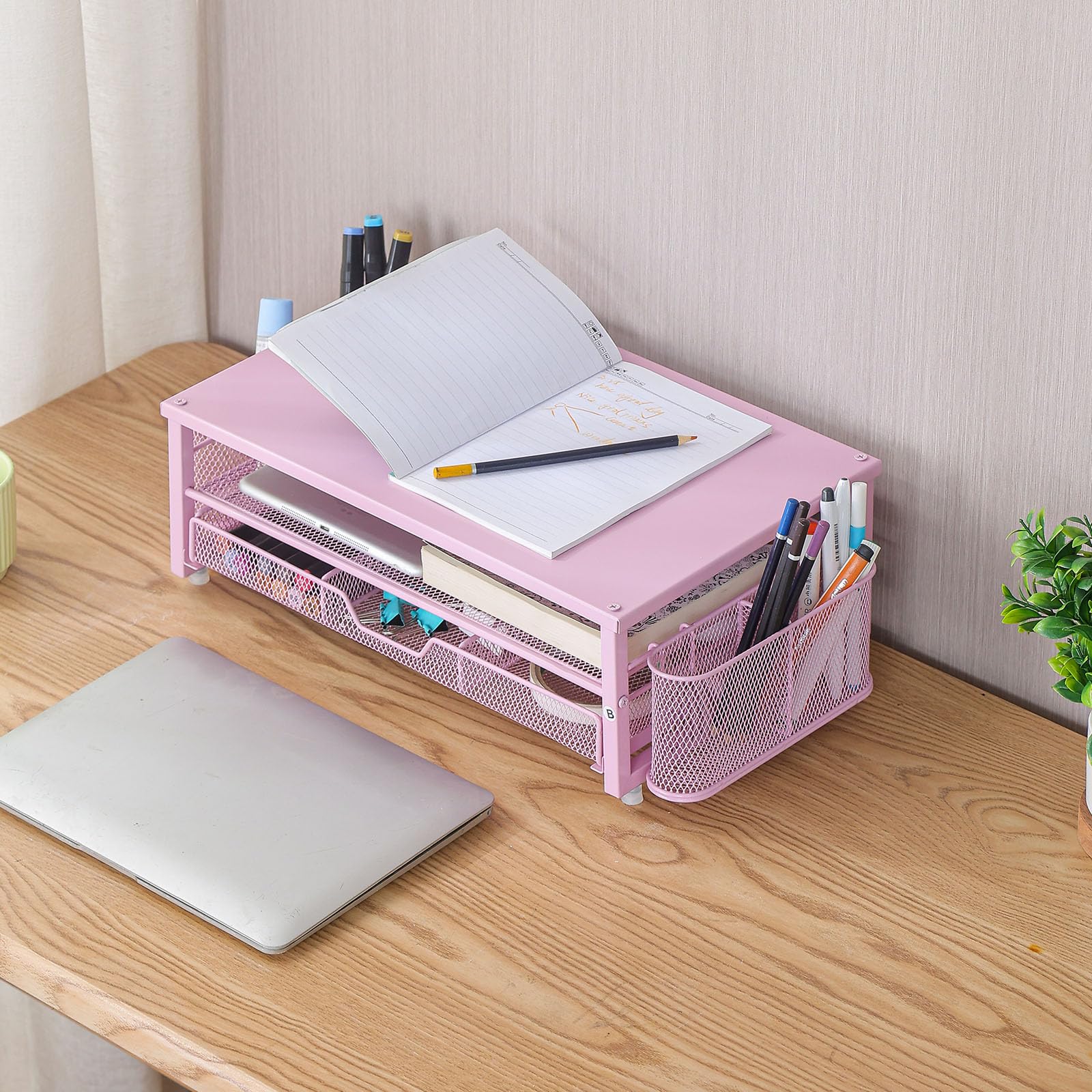 Supporto per schermo con cassetto di ventilazione, portapenne, tazza a doppio strato, in metallo, con organizer da scrivania laterale, monitor in alluminio