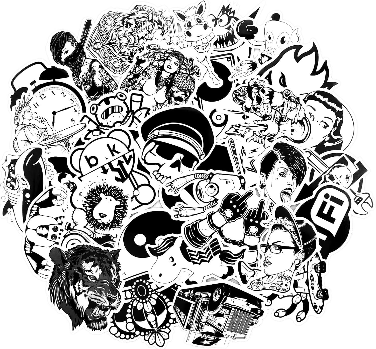 JustYit 100pcs Vinyl Stickers Black White skull Graffiti Stickers Sticker Decals Graffiti