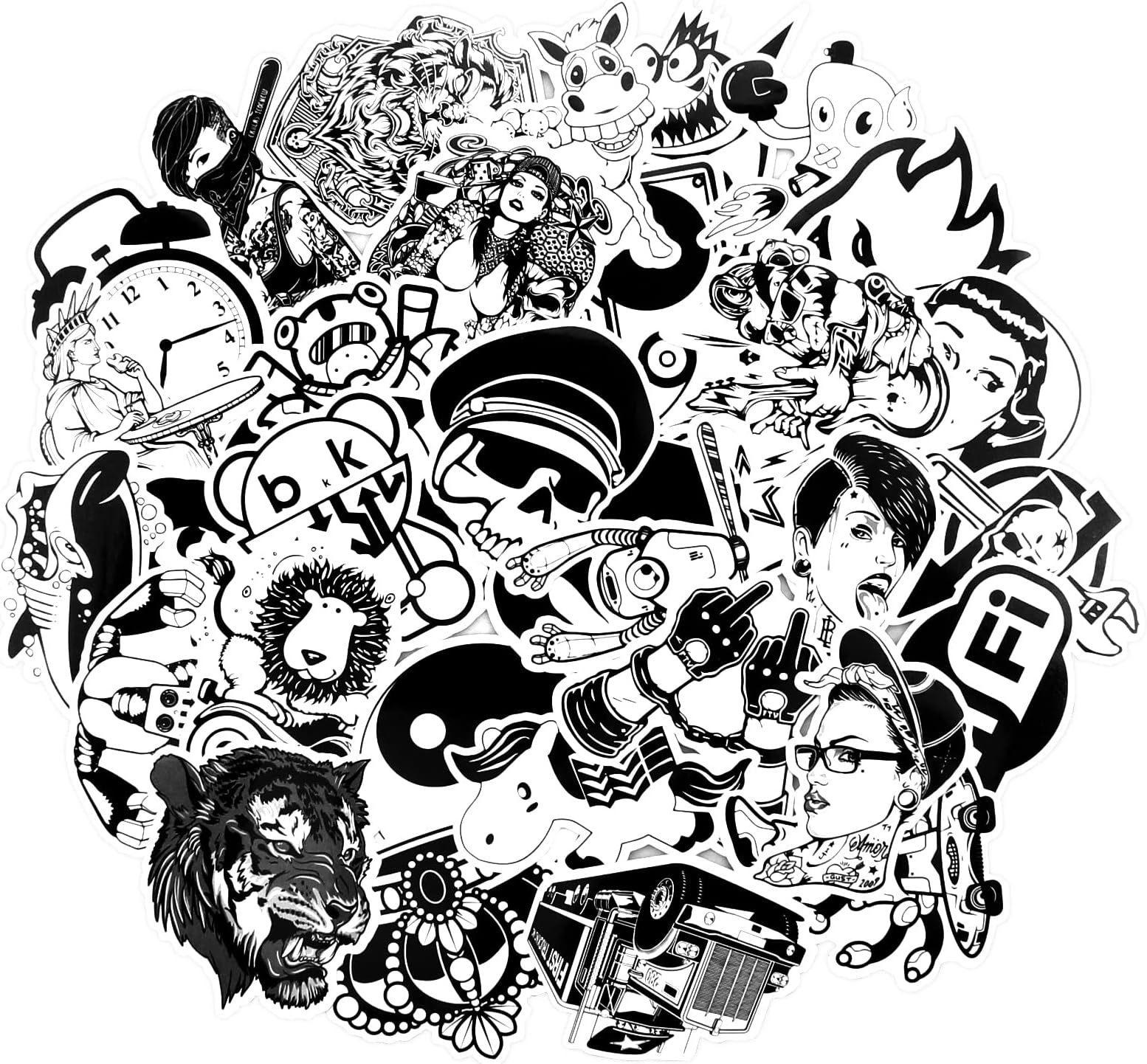 JustYit 100pcs Vinyl Stickers Black White skull Graffiti Stickers Sticker Decals Graffiti Patches Skateboard skull Top Trendy Random Styles Stickers Pack Vinyls for Motorcycle Bumper Stickers Hippie