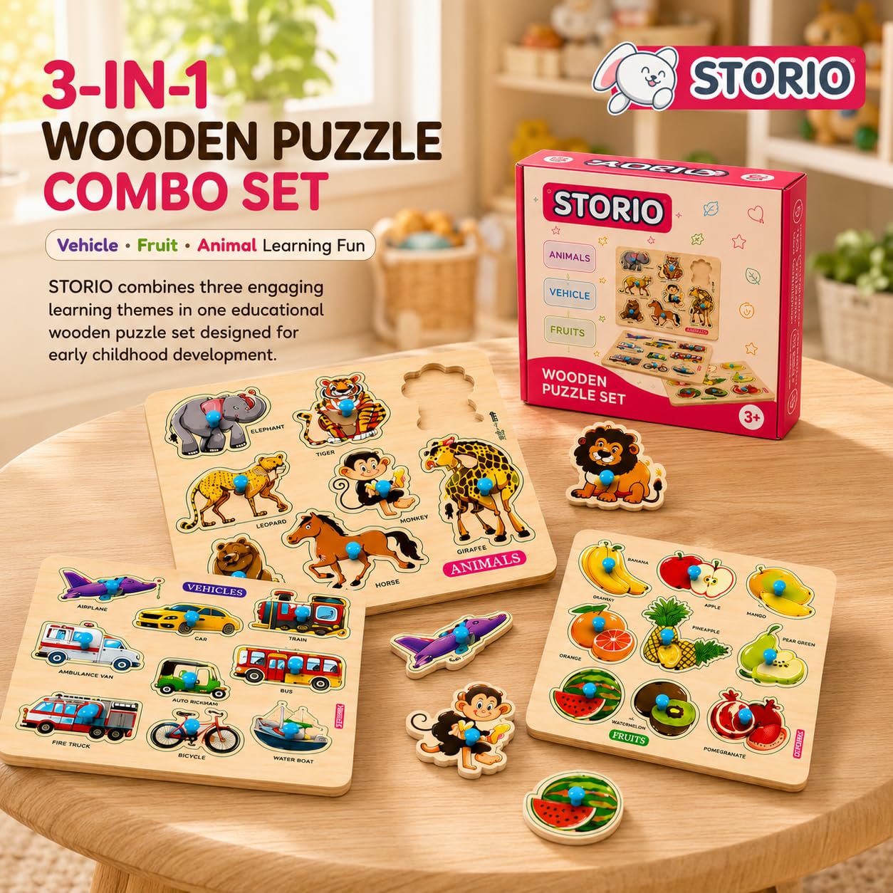 Storio Wooden Puzzle Combo Set for Kids, Vehicle Fruit & Animal Knob Puzzles, Montessori Educational Learning Toy, Fine Motor Skill Wooden Board for Toddlers Boys Girls Age 2+ Years — Amazon image 2