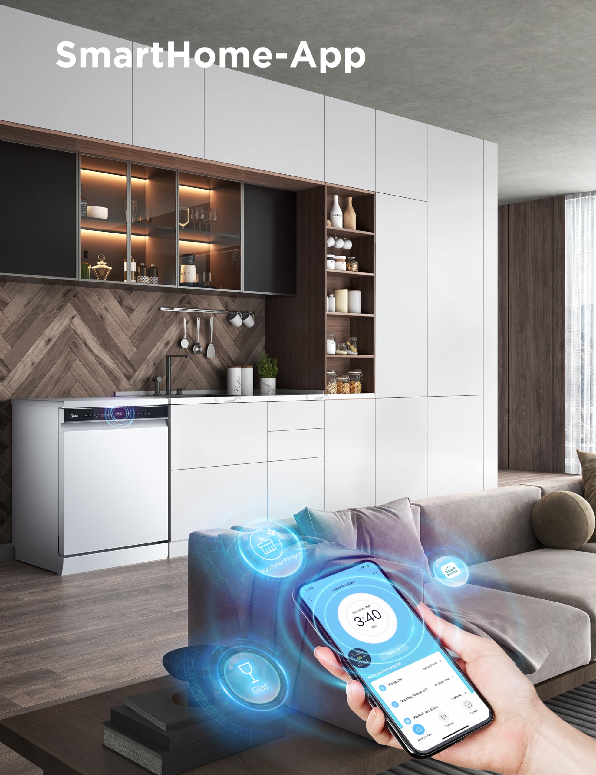 Midea SF 7.60NW14B Geschirrspüler 60cm Freistehend & Unterbaufähig, 14 Maßgedecke, 8 Programme, Spülmaschine 60 cm mit WiFi, 42 dB, Hygienepflege+, Dualzone Wash, Extra Trocknen