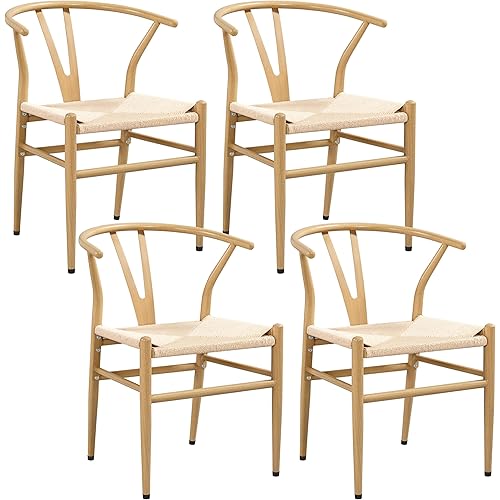 Yaheetech Set Of 4 Weave Chair Mid Century Metal Dining Chair Y Shaped Backrest Hemp Seat Wood Color Home Kitchen Amazon Com