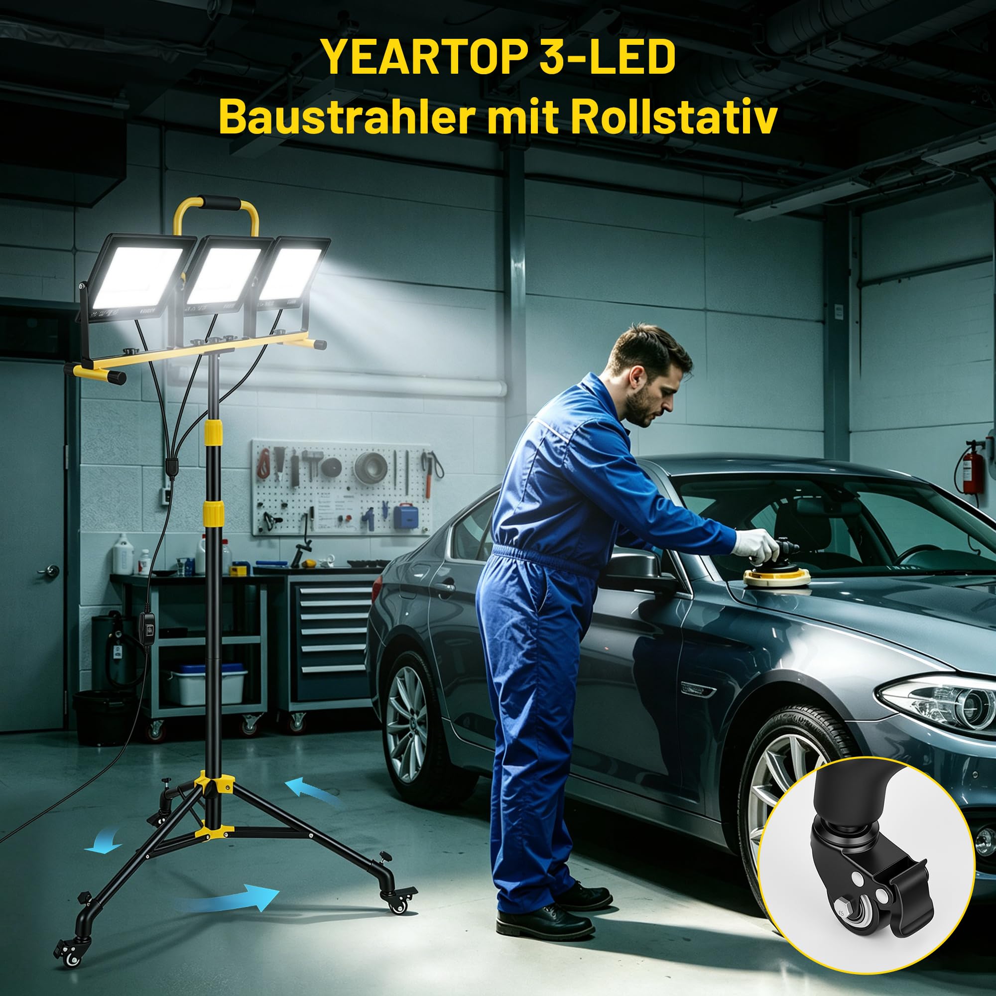YEARTOP Baustrahler LED mit Rollstativ, IP66 Baustrahler mit 5 m Netzkabel | Höhenverstellbar 98-155 cm, 300W Baustellenlampe Dreifarbig (3000K/5000K/6500K) für Baustelle/Renovierung/Detailing/Werkstatt