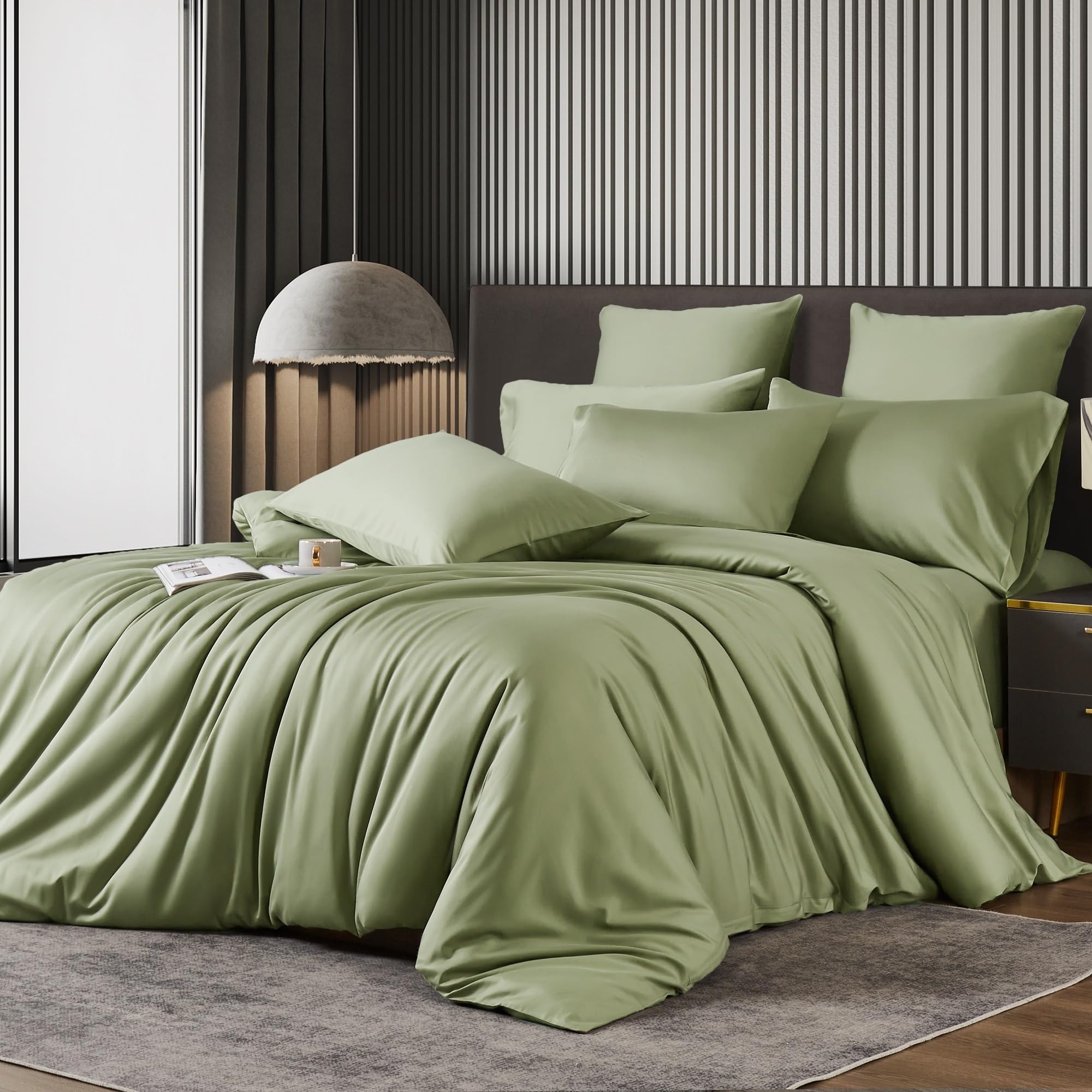 Luowei Bambus Bettwäsche 200x220 cm 3 Teiliges Grün Weich Kühlend Atmungsaktiv Sommer Bettbezüge Set aus 100% Bambus Lyocell Bettwäsche mit Reißverschluss und 2 Kissenbezüge 80x80 cm