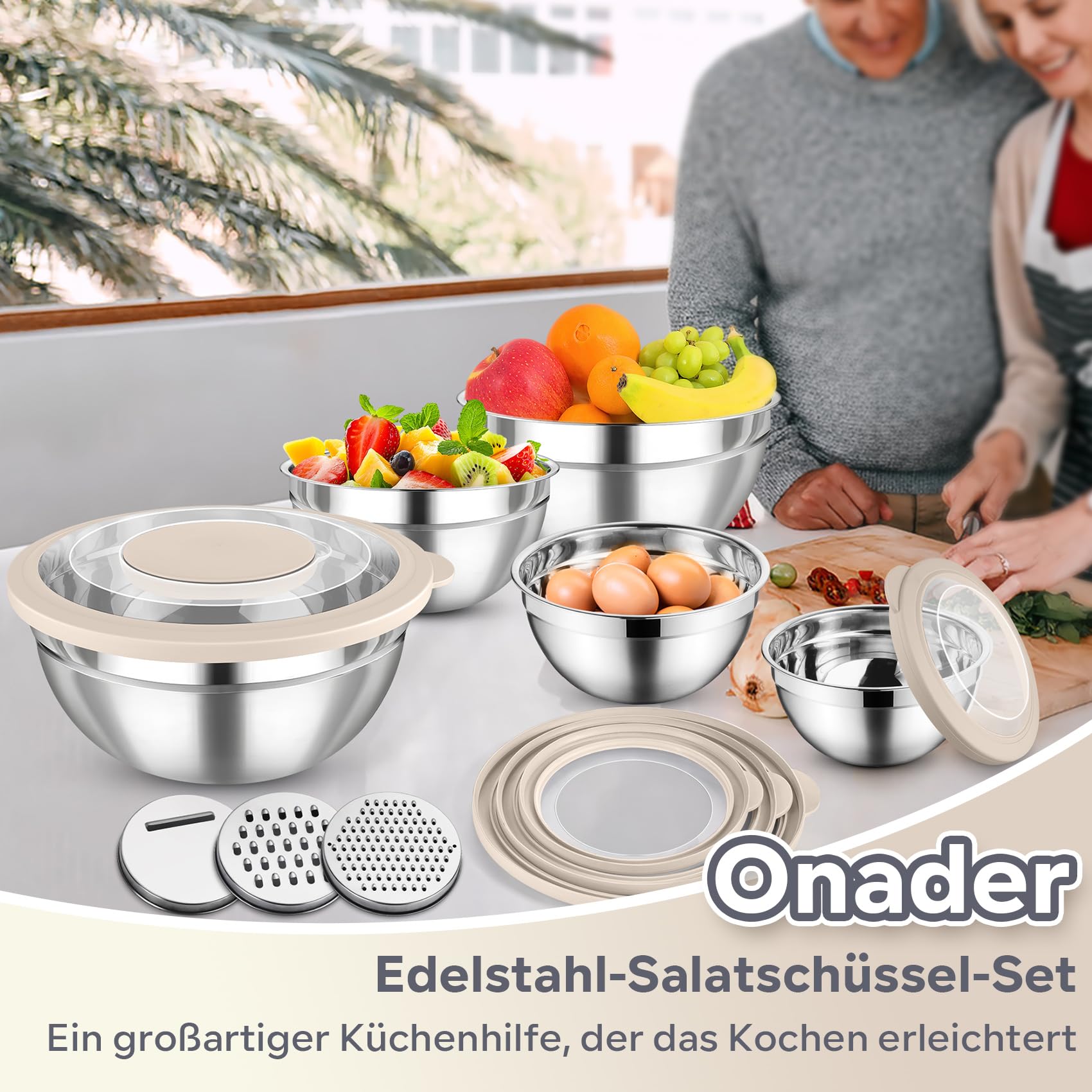 Onader Zestaw 5 misek do mieszania, miska do sałaty ze stali nierdzewnej z pokrywką i 3 nakładkami do tarcia, metalowa miska do serwowania do kuchni, mieszanie, pieczenie, 4,5 l/3 l/1,5 l/1,2 l/0,7 l