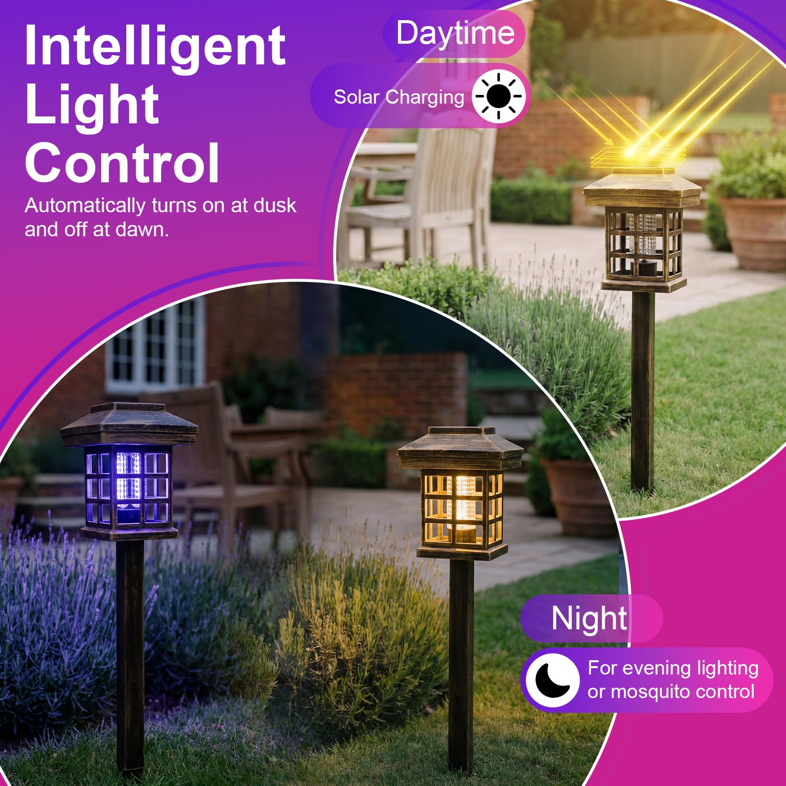 12 Stück Solar Insektenvernichter für den Außenbereich, wasserdicht, 2-in-1 Mückenzapper, solarbetriebene Mückenfalle, Abwehrlampe, tötet Insekten, LED-Lampe, warmes violettes Licht für Garten