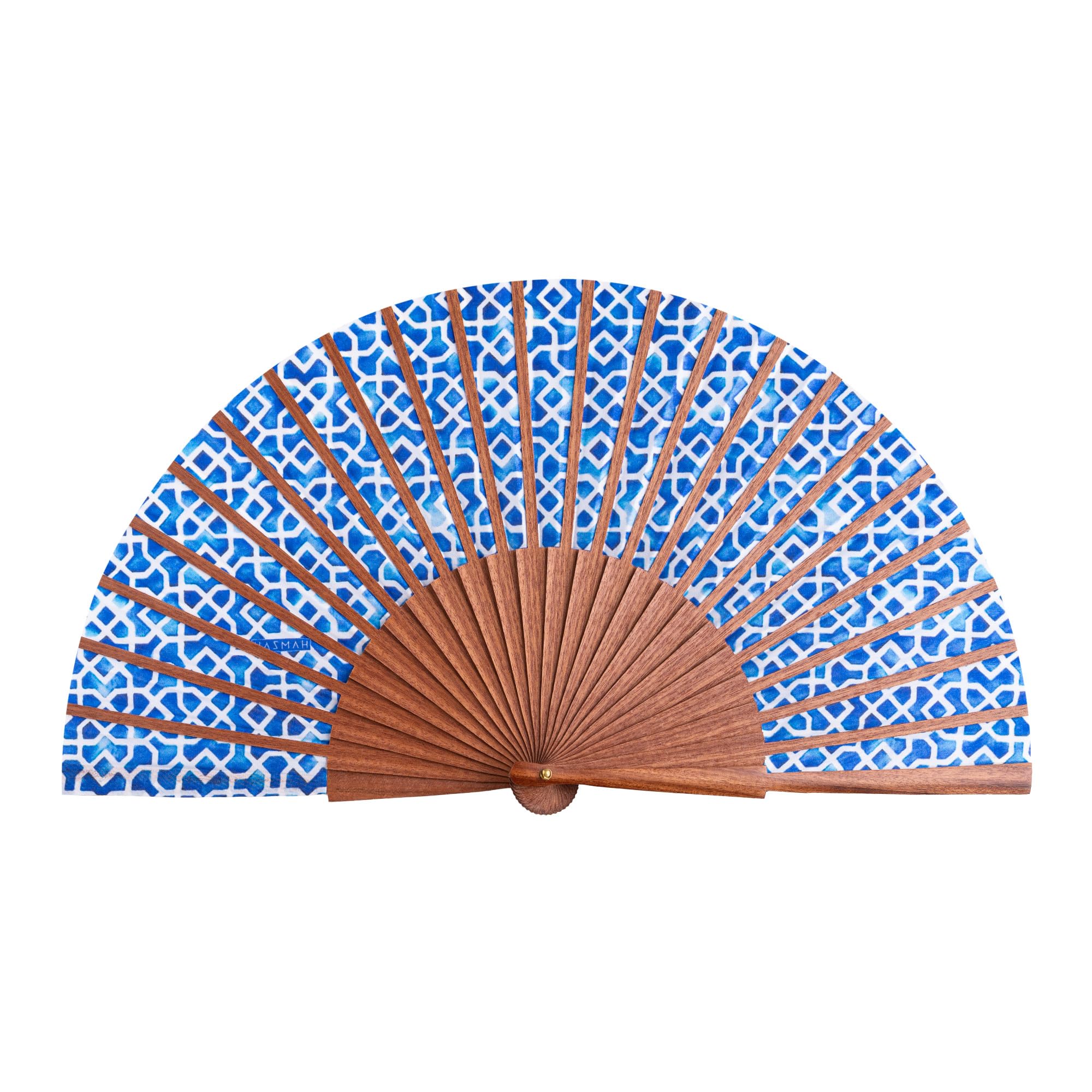 Abanico Español de Seda y Madera – Plegable 23 cm Hecho a Mano en España, Incluye Caja y Funda de Terciopelo - Hamzah (Alcazaba Azul)