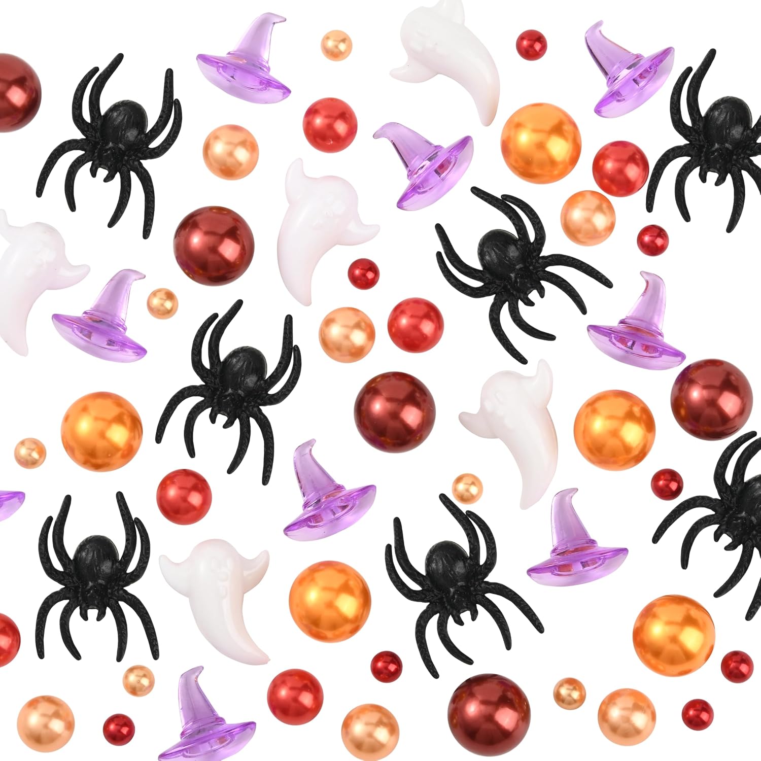 130Pcs+ 6 Styles Halloween Bead Vase Filler Mini Plastic Ghosts Festival Holiday Orange Imitation Pearl Beads No Hole Purple Witch Hats Gems Table Scatter for Halloween Home Party Decoration