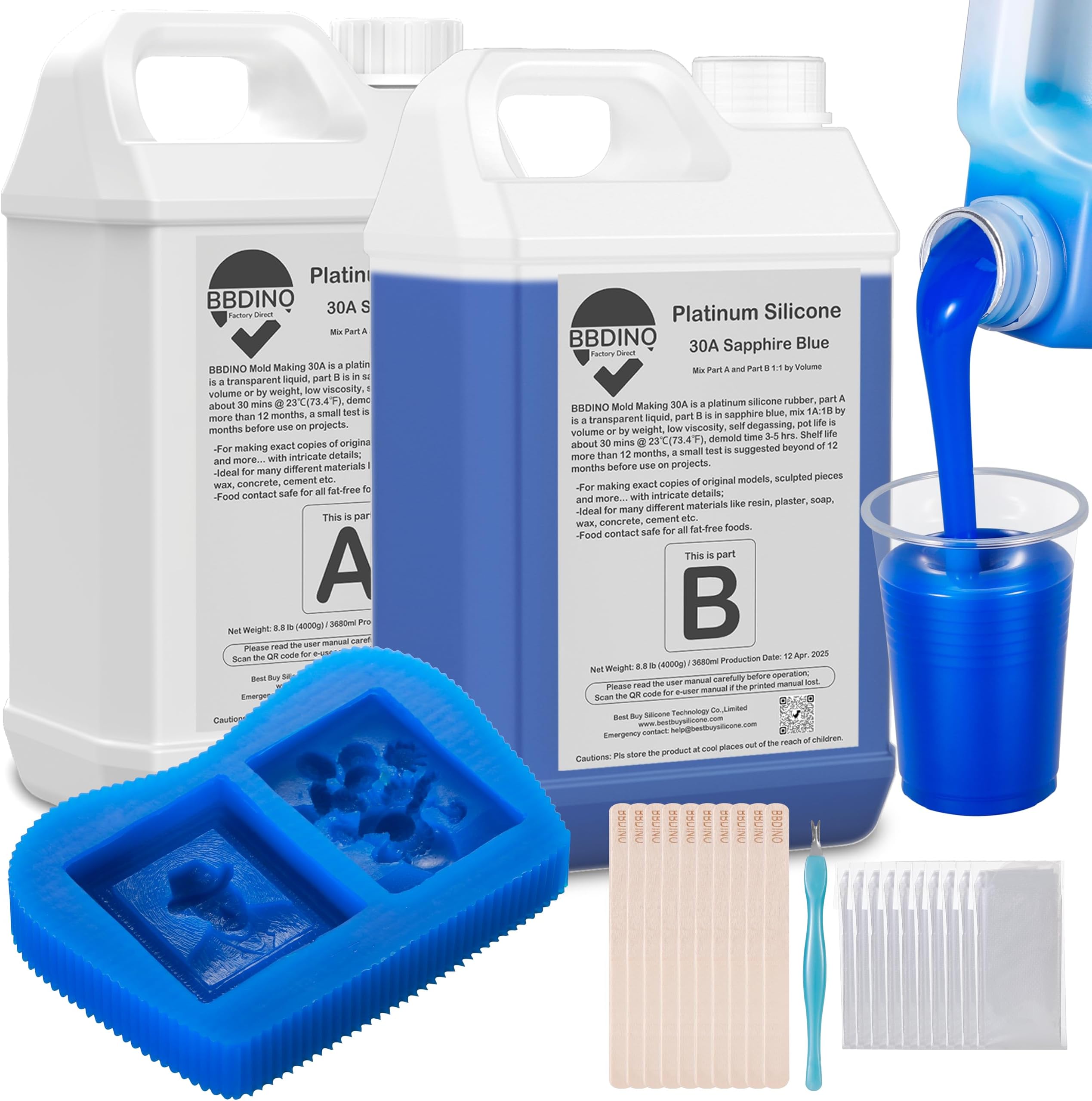 BBDINO Silicone Mold Making Kit 30A - Platinum Liquid Silicone for Molds Making 2 Gallons Kit | 1:1 Mixing Rratio- Ideal for Silicone, Resins, Soap, Concrete, Wax Molding | Sapphire Blue