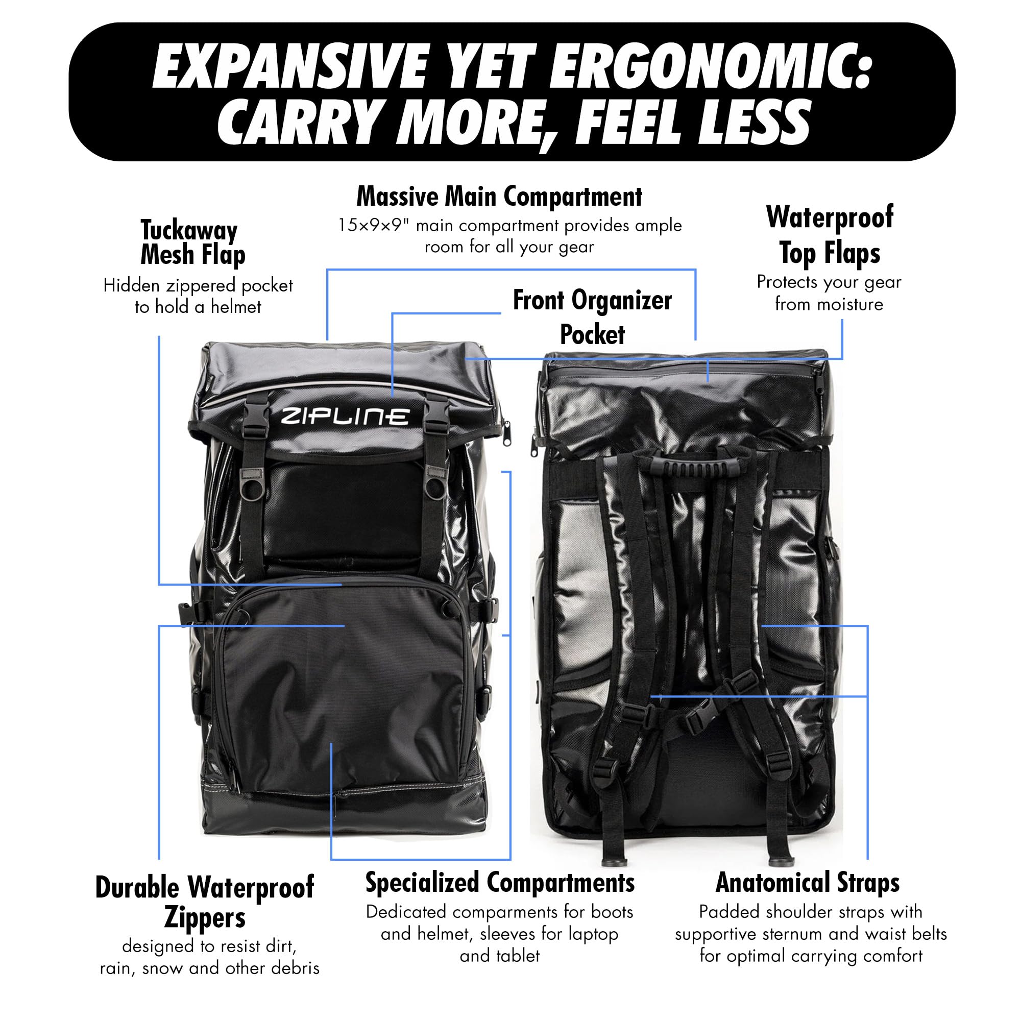 Zipline World Cup Ski Boot Bag Rucksack – Wasserdicht, 63,5x35,6x30,5 Cm, Mit Laptopfach – Für Skiausrüstung & Reisen