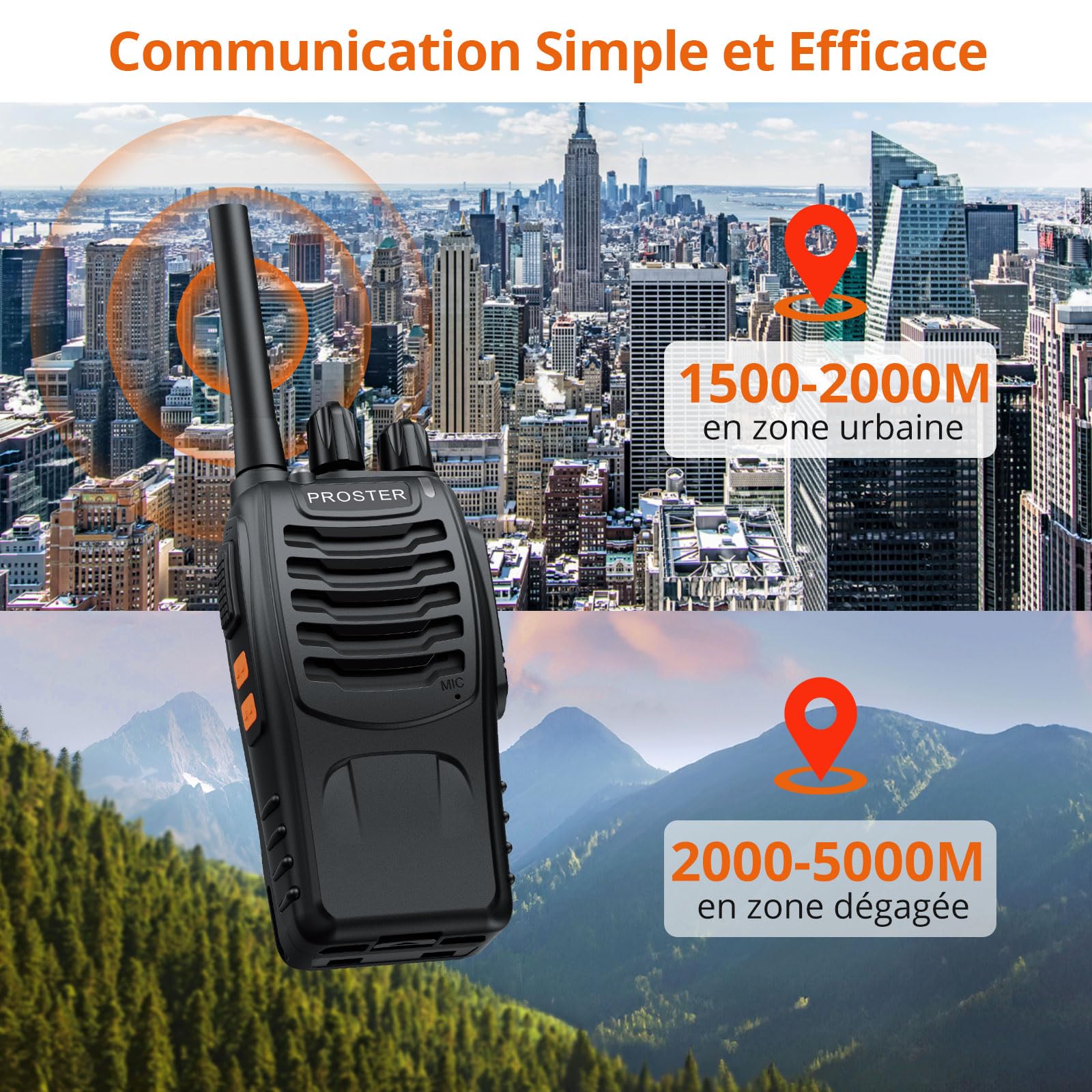 Proster Talkie Walkie Longue Portée Rechargeable avec Écouteurs （5PCS） | PMR446 Sans Licence, 16 Canaux, 1500mAh 10H Grande Autonomie, Portée Stable 1,5km, VOX Mains Libres et Lampe Torche