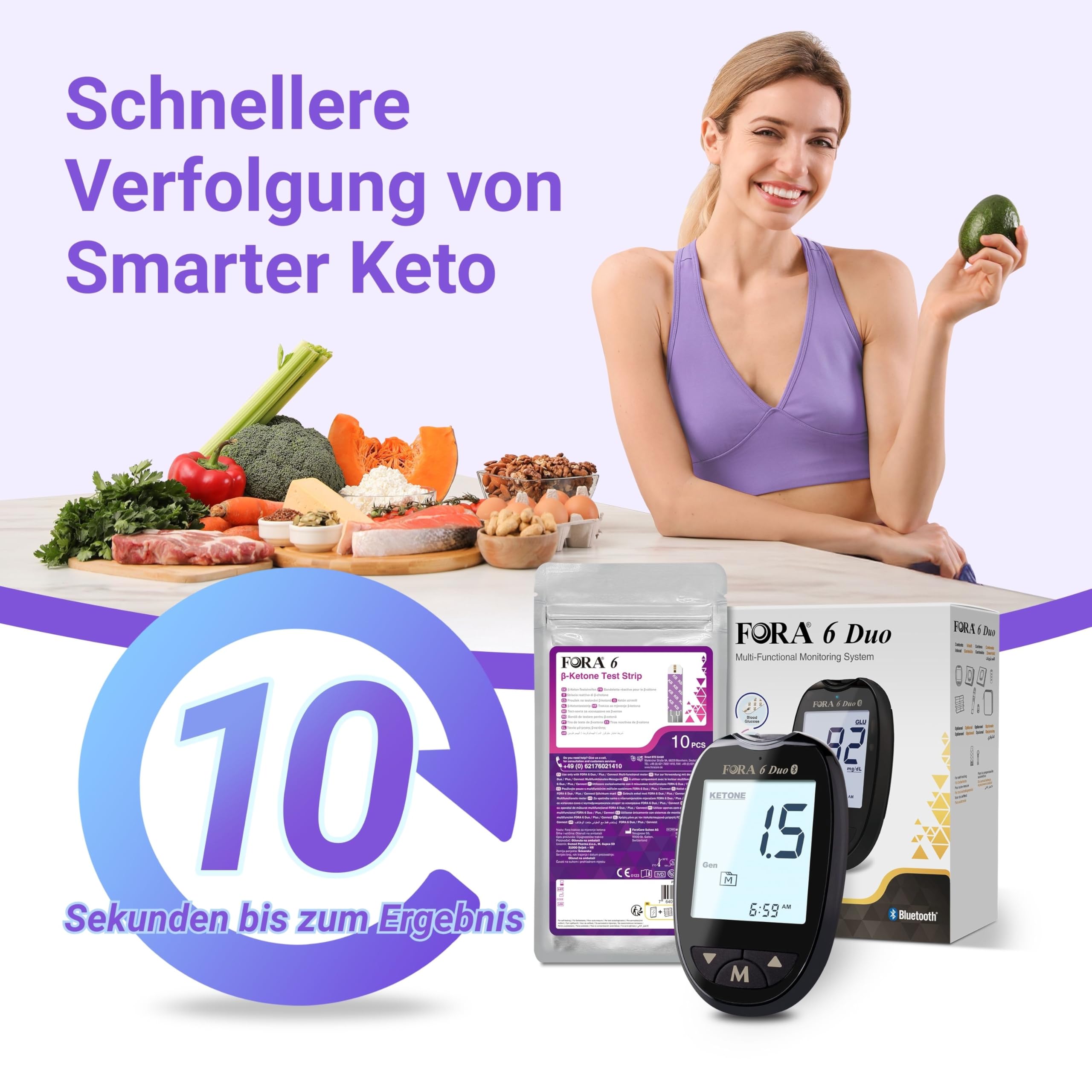 FORA Duo 2-in-1 (Blutzucker, Keton) Bluetooth Blutzuckermessgerät mit 10 Keton-Teststreifen