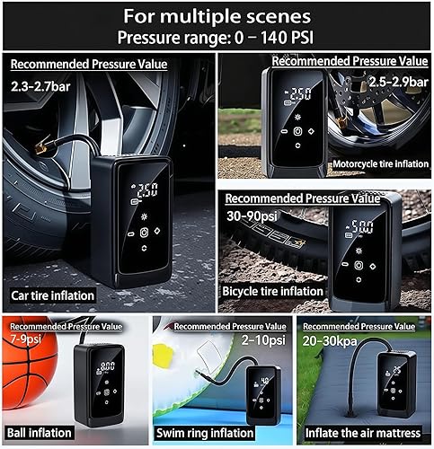 Miniatura 4 de Inflador de neumáticos portátil – Bomba de aire de neumáticos de doble potencia (recargable y 12 V CC), compresor de aire multifuncional con