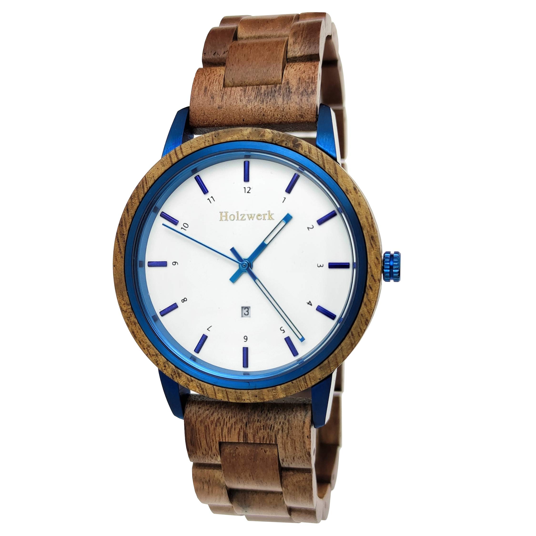 Holzwerk Germany Handgefertigte Designer Unisex Damen-Uhr Herren-Uhr Öko Natur Holz-Uhr Armband-Uhr Analog Klassisch Quarz-Uhr Braun Blau Weiß