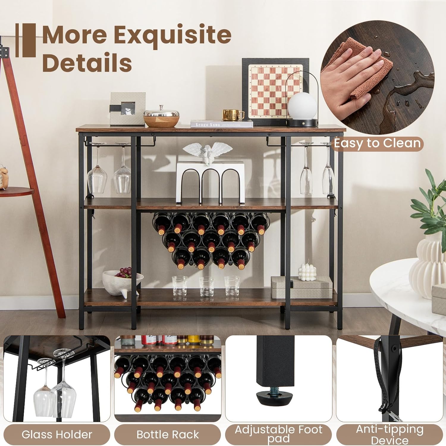 Giantex Wine Rack Freestanding Floor, Bar Cabinet for Liquor, Kitchen Bakers Rack w/ 2 Wine Glass Holders, 15 Bottle Racks, Charging Station, Coffee Bar Table for Home Dining Room, Rustic Brown