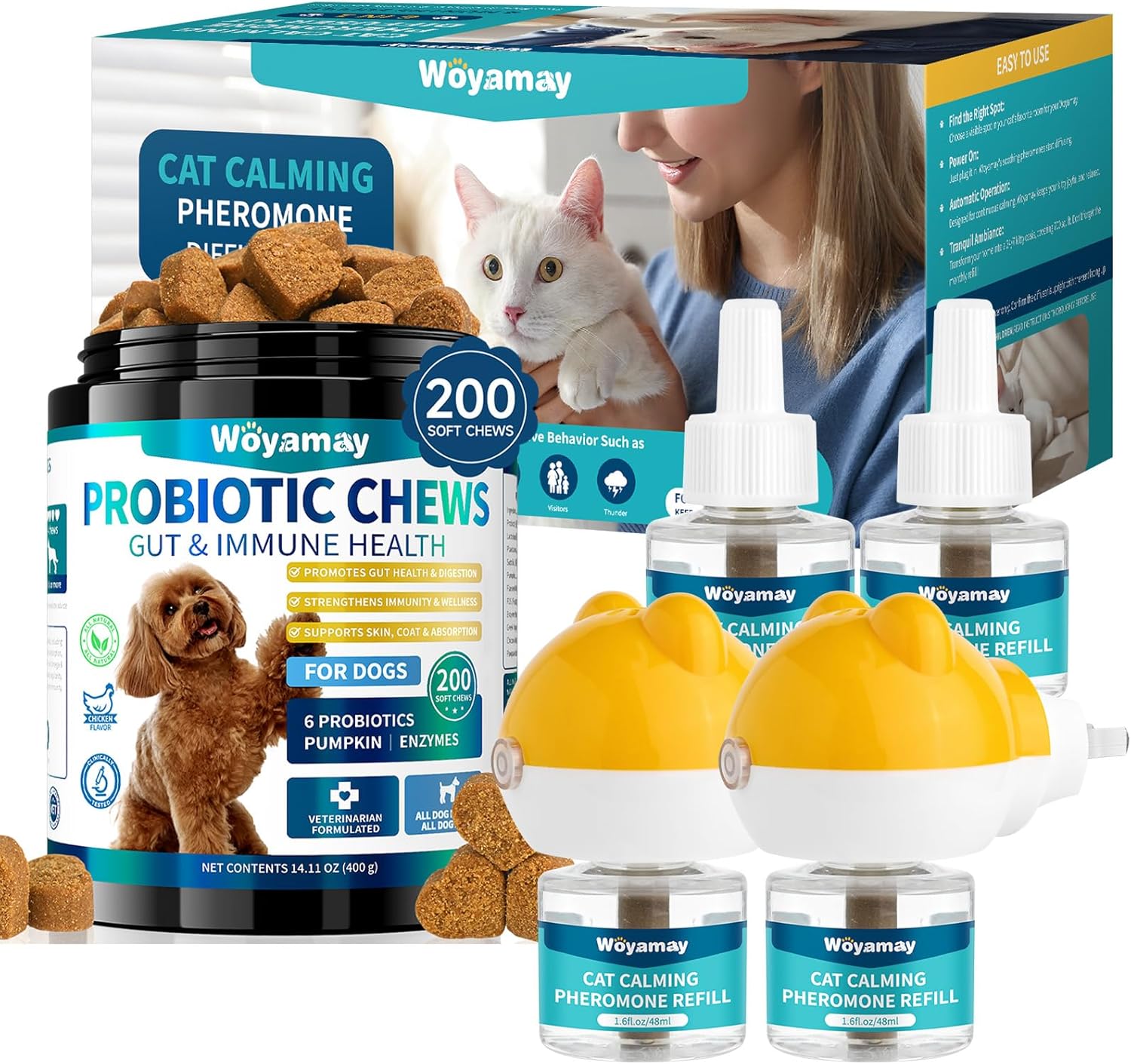 Cat Calming Diffuser & Dog Probiotic Chews Bundle – Stress & Behavior Support for Multi-Pet Homes – Calm Anxiety, Support Digestion, Soothe Licking, Barking, and Upset Stomachs