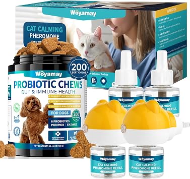 Woyamay Cat Calming Diffuser & Dog Probiotic Chews Bundle Stress & Behavior Support for Multi-Pet Homes Calm Anxiety, Support Digestion, Soothe Licking, Barking, and Upset Stomachs