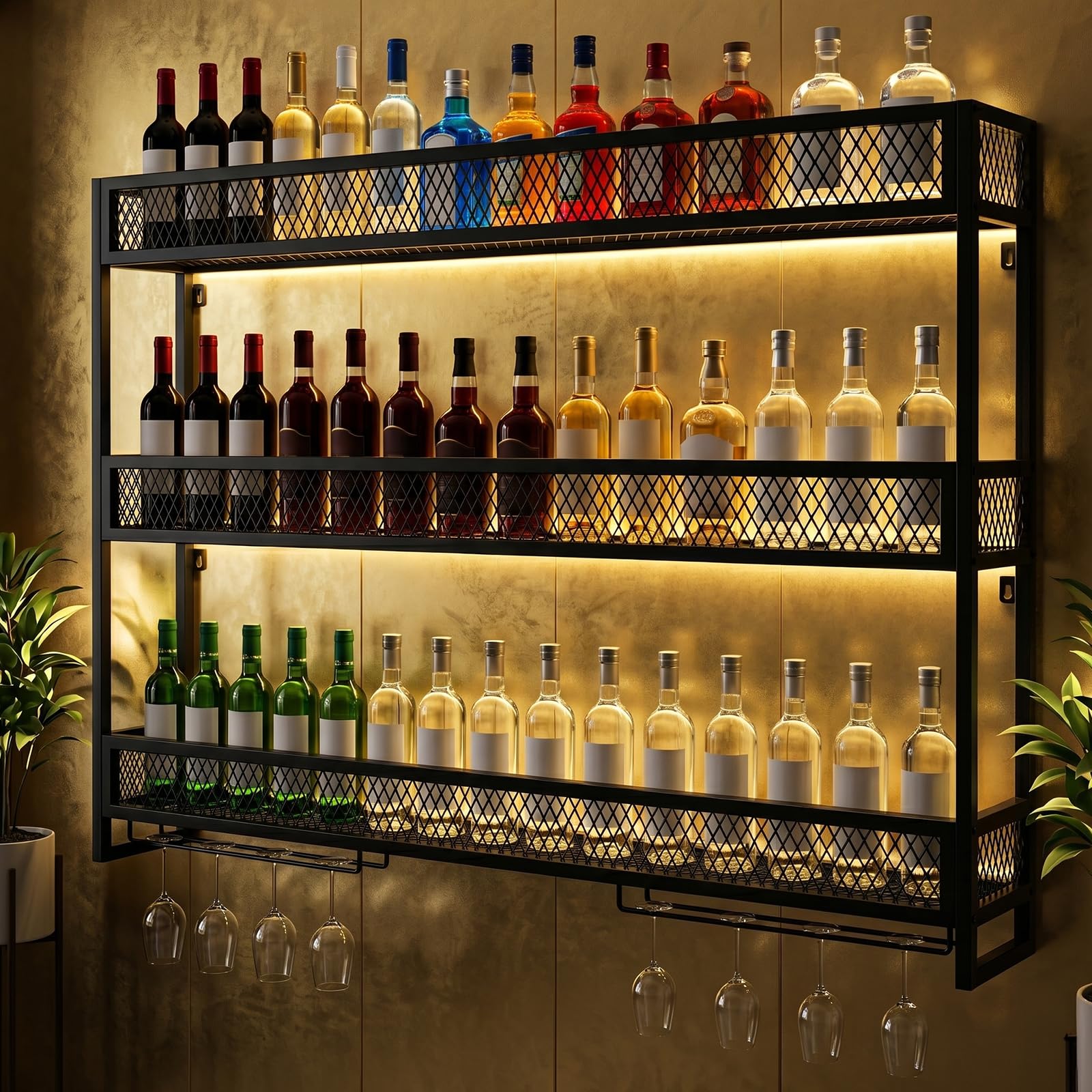 Étagère murale à vin avec support en verre à 3 étages - En métal - Support d'affichage mural pour bouteille de vin - Étagère en verre - Étagère à bouteilles suspendue pour cuisine, salle à