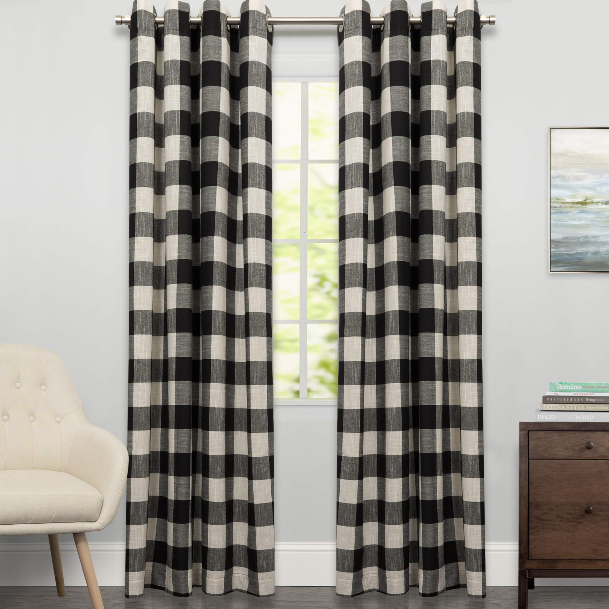 Sweet Home Collection Kitchen Curtains for Windows 40+ Styles &amp; Colors Swag, Valance, Tier Sets &amp; Panels Cafe Curtains for Farmhouse, Rustic, Modern Décor, Courtyard Black, 84" Panel