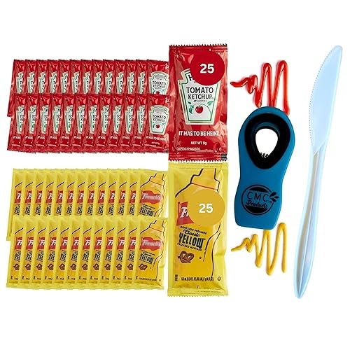 Juego de regalo 25 paquetes de salsa de tomate (0.23 onzas) y 25 paquetes de mostaza (0.27 onzas), 50 paquetes de condimentos en total con clip CMC