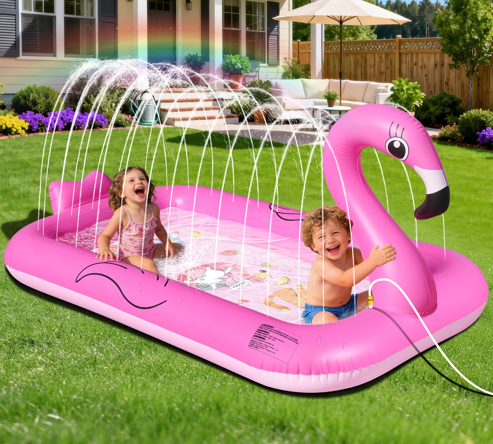 KingSom Splash Pad,Flamenco Tapete de Juegos de Agua,Almohadilla para Aspersor Espesado,Juego de Agua para Niños,Juegos de Aguas para Exterior,Hinchable Salpica de Jueg Aguas,Ideal función para Jardín