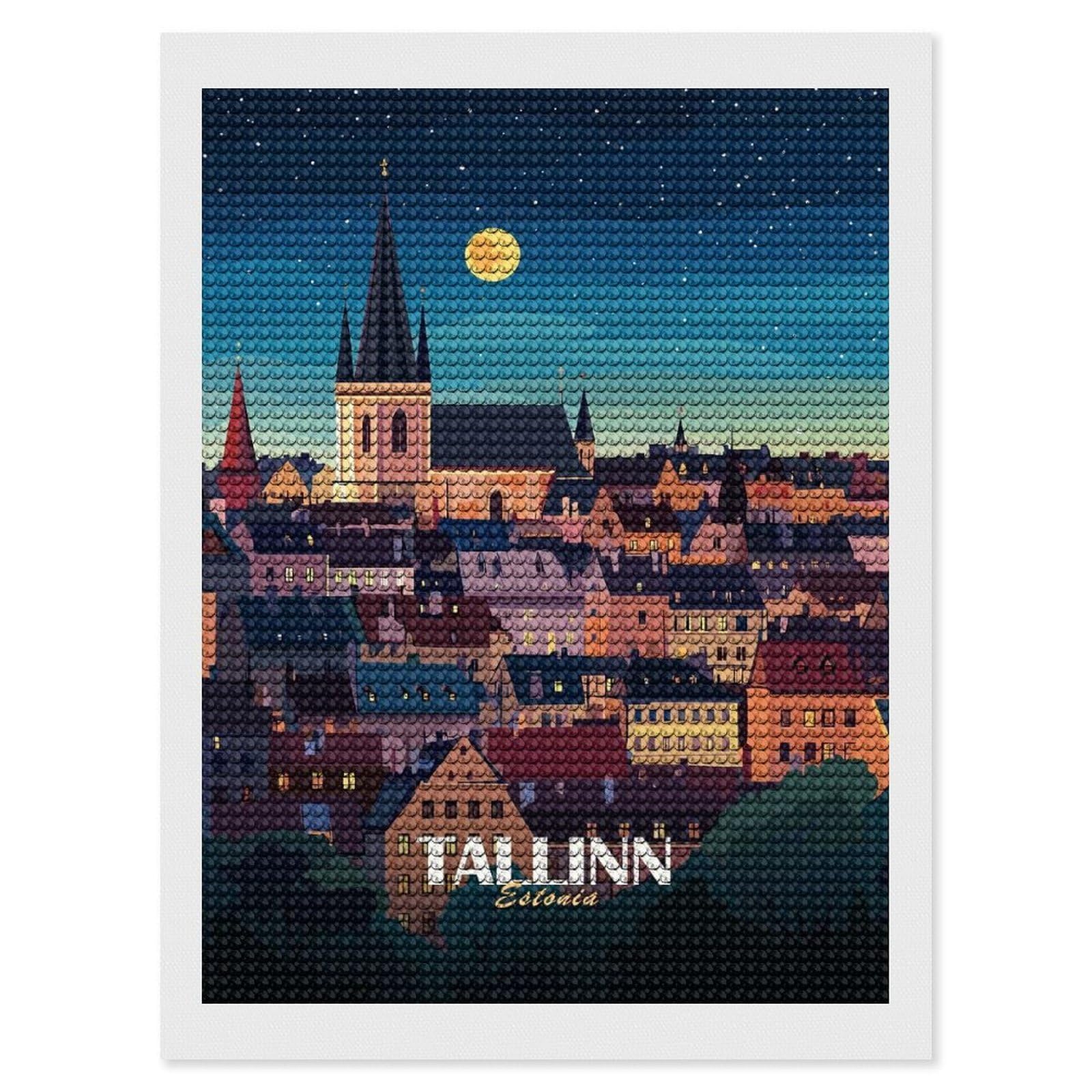 Junmoney Tallinn, Estonia Cityscape at Night Diamond Painting Set 12"x16", for Adults, Decorate Your Room, Thoughtful Handmade Gift, Boho Decor, with Tool Kit