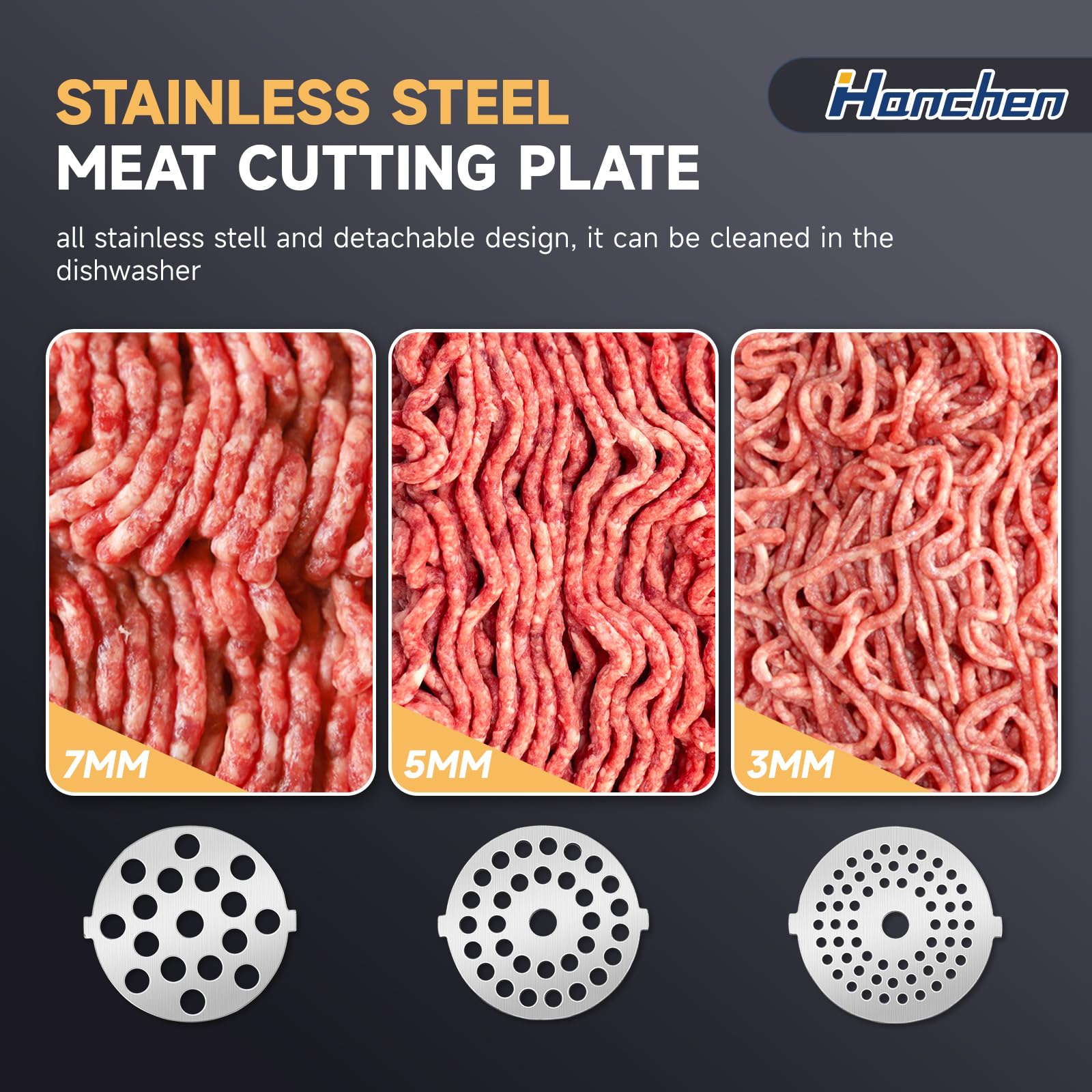 Hanchen Picadora de Carne Eléctrica 6 en 1 con 3 Tubo para Salchichas, 3 Discos Picadores, Accesorio para Galletas y Kubbe, cabezal para zumo de tomate, Cortador de Verduras Eléctrica