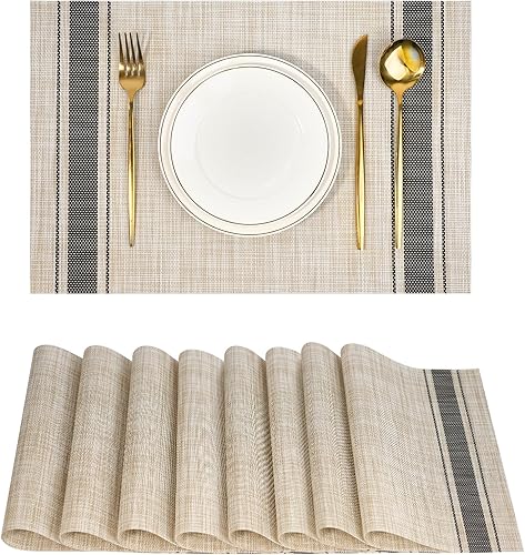 Juego de 8 manteles individuales, antideslizantes, tejido de PVC, fáciles de limpiar, resistentes al calor, para cocina, comedor, decoración Caqui