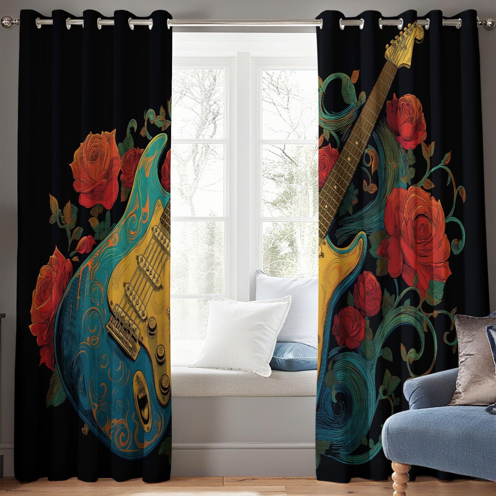 Surrealistyczne gotyckie kwiatowe zasłony zaciemniające z motywem gitary, do pokoju dziecięcego, szer. 336 x dł. 183 cm, czarne, izolacja termiczna, przelotki, zasłony zaciemniające do