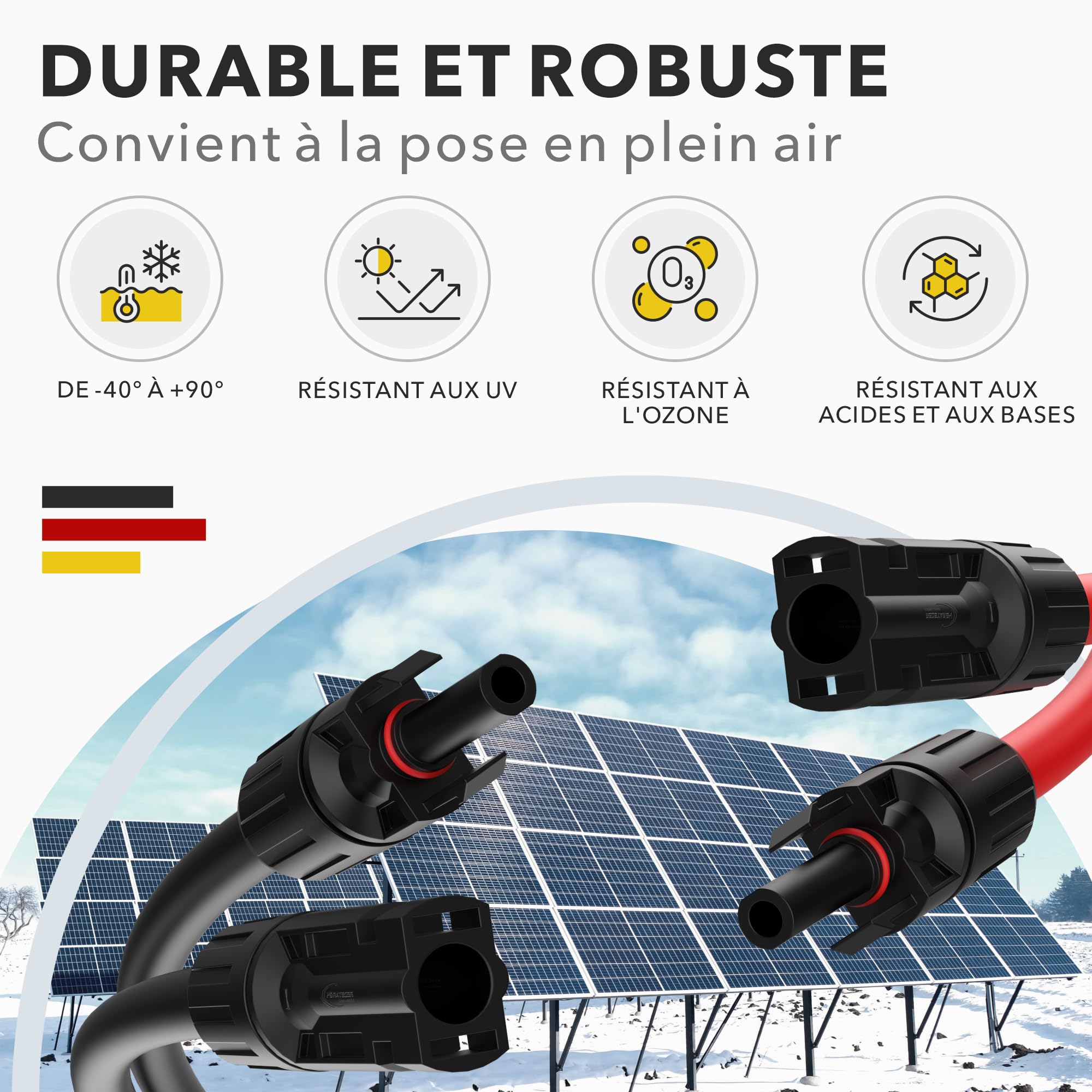 RedStar24 Câble solaire d'extension 6mm² - 3m - Résistant aux UV, Câble photovoltaïque, PV Câble solaire IP68 pour rallonge panneau solaire - durable