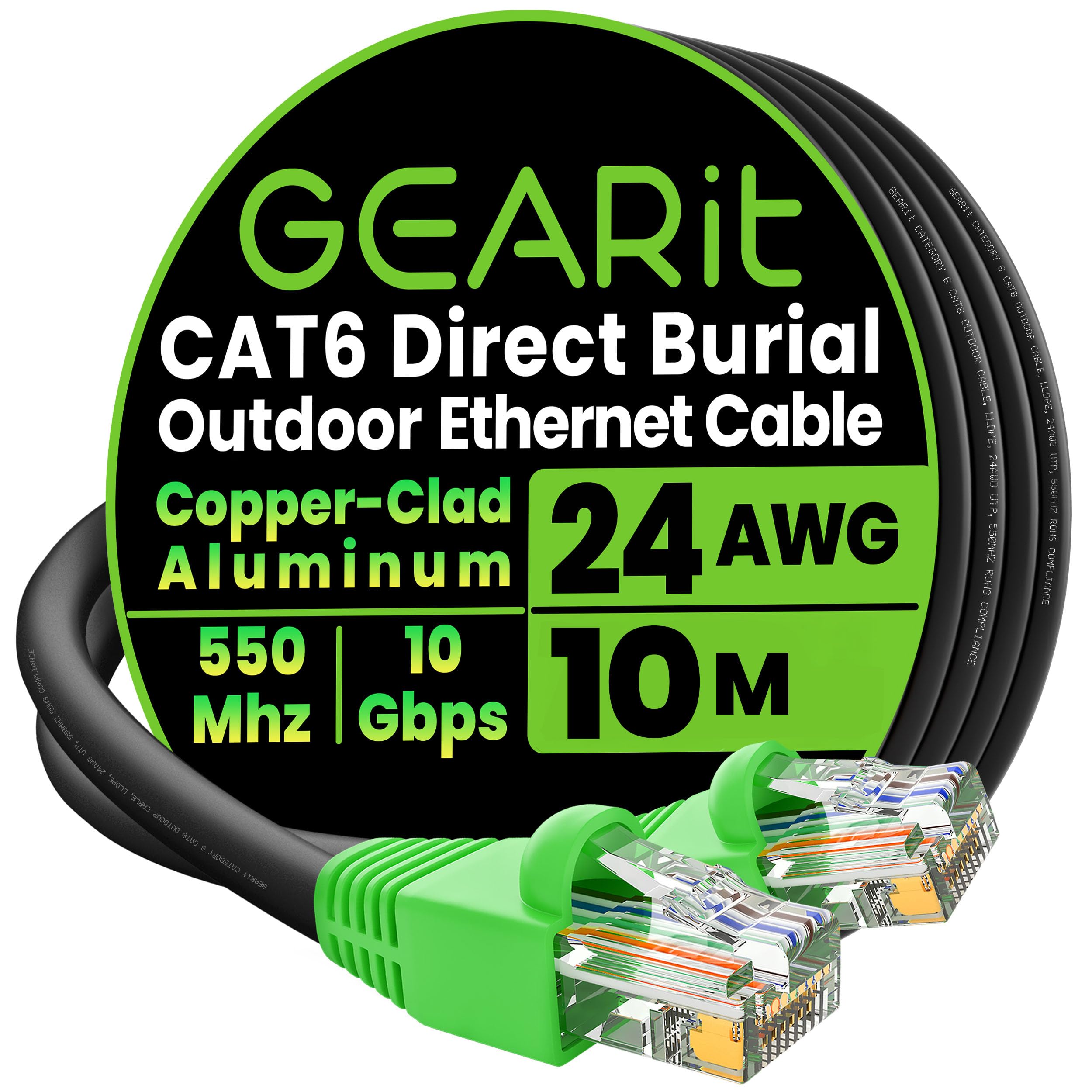 Cat6 Outdoor Ethernet Cable (10 Meters) CCA Copper Clad, Waterproof, Direct Burial, In-Ground, UV Jacket, POE, Network, Internet, Cat 6, Cat6 Cable - 10m