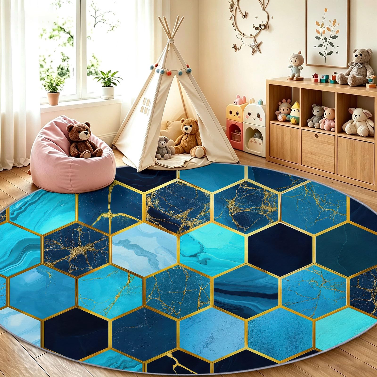 Tappeto rotondo per soggiorno, 150 cm, piastrelle in marmo esagonale, lavabile, per camera da letto, moderno, geometrico, antiscivolo, antiscivolo, morbido, a pelo basso, per camera dei bambini