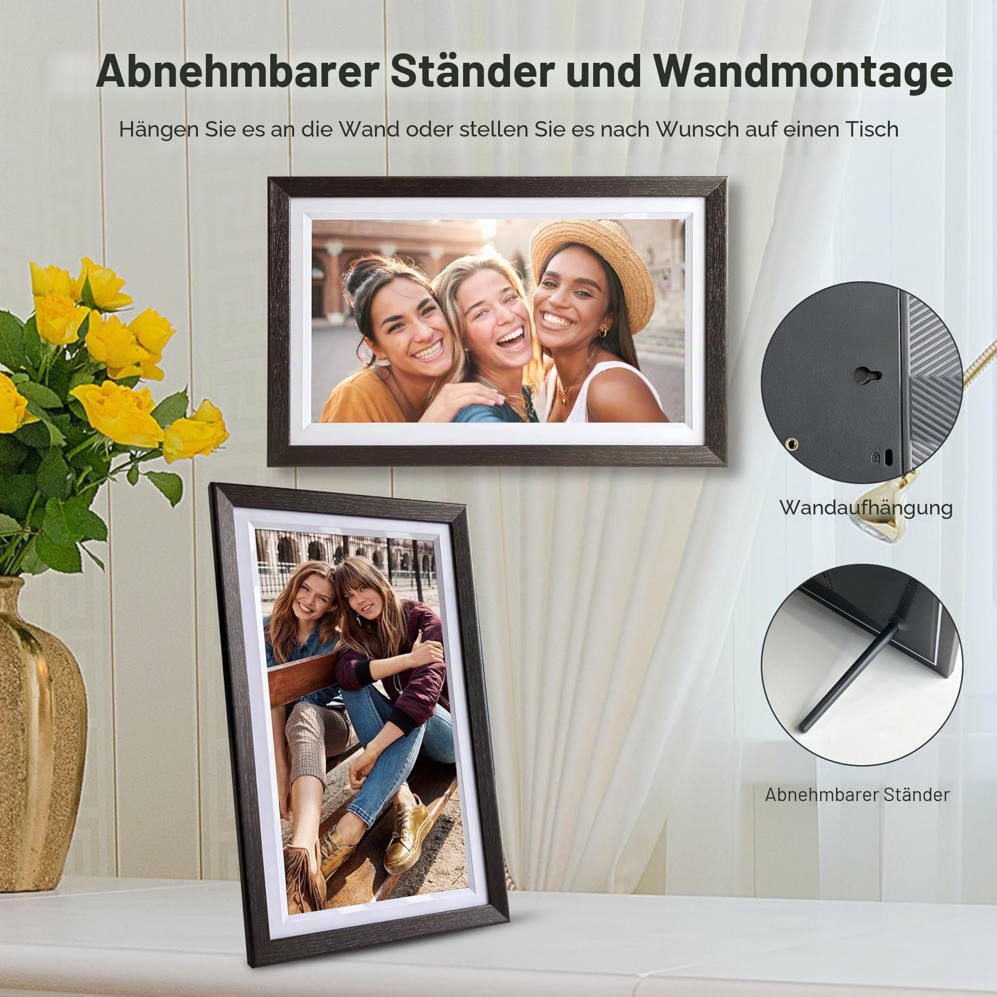 BYYBUO 15,6 Zoll WLAN Digitaler Bilderrahmen, 1366 x 768 IPS Touchscreen Digitaler Bilderrahmen, 32G-Walnuss, Teilen Sie Fotos oder Videos über die Frameo APP
