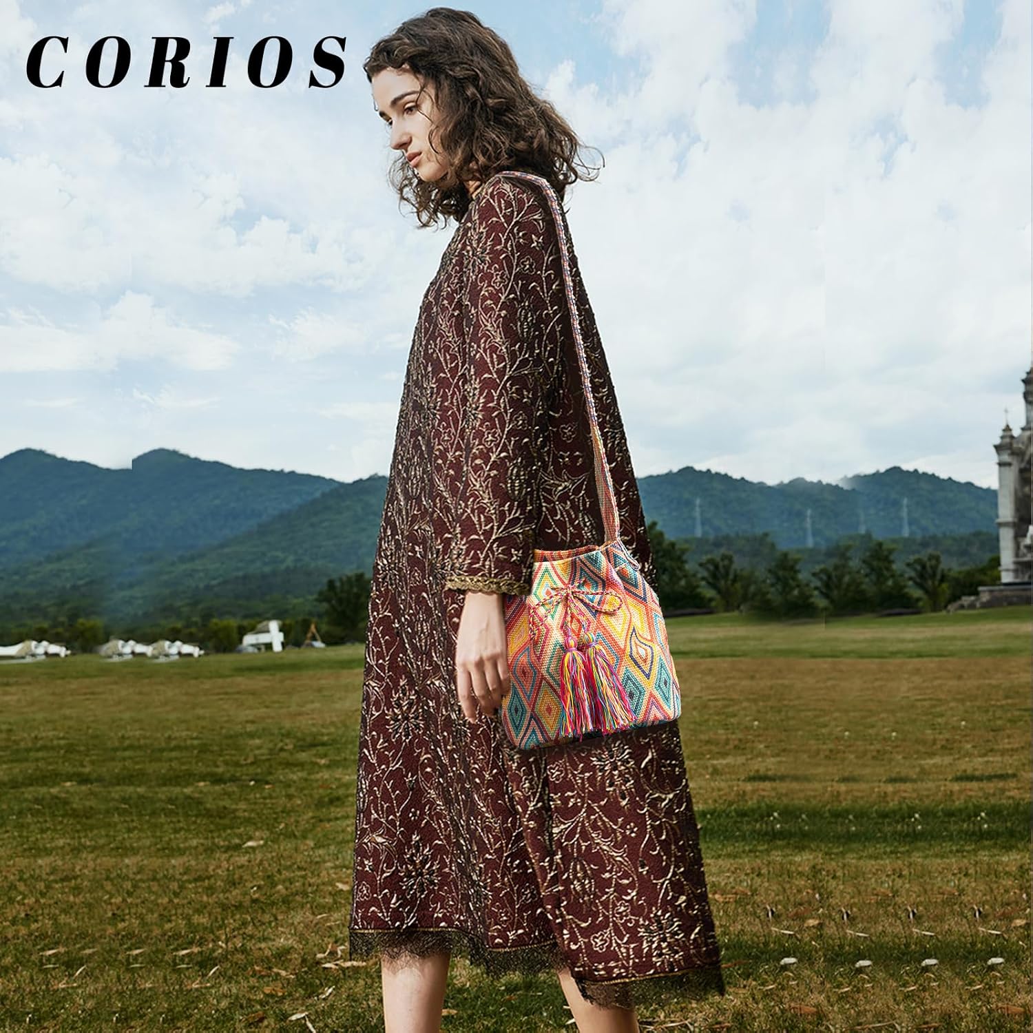 CORIOS Ethnic Tote Bag for Women Canvas Handbag Bohemian Bucket Bag Retro Shoulder Crossbody Bag with Tassels