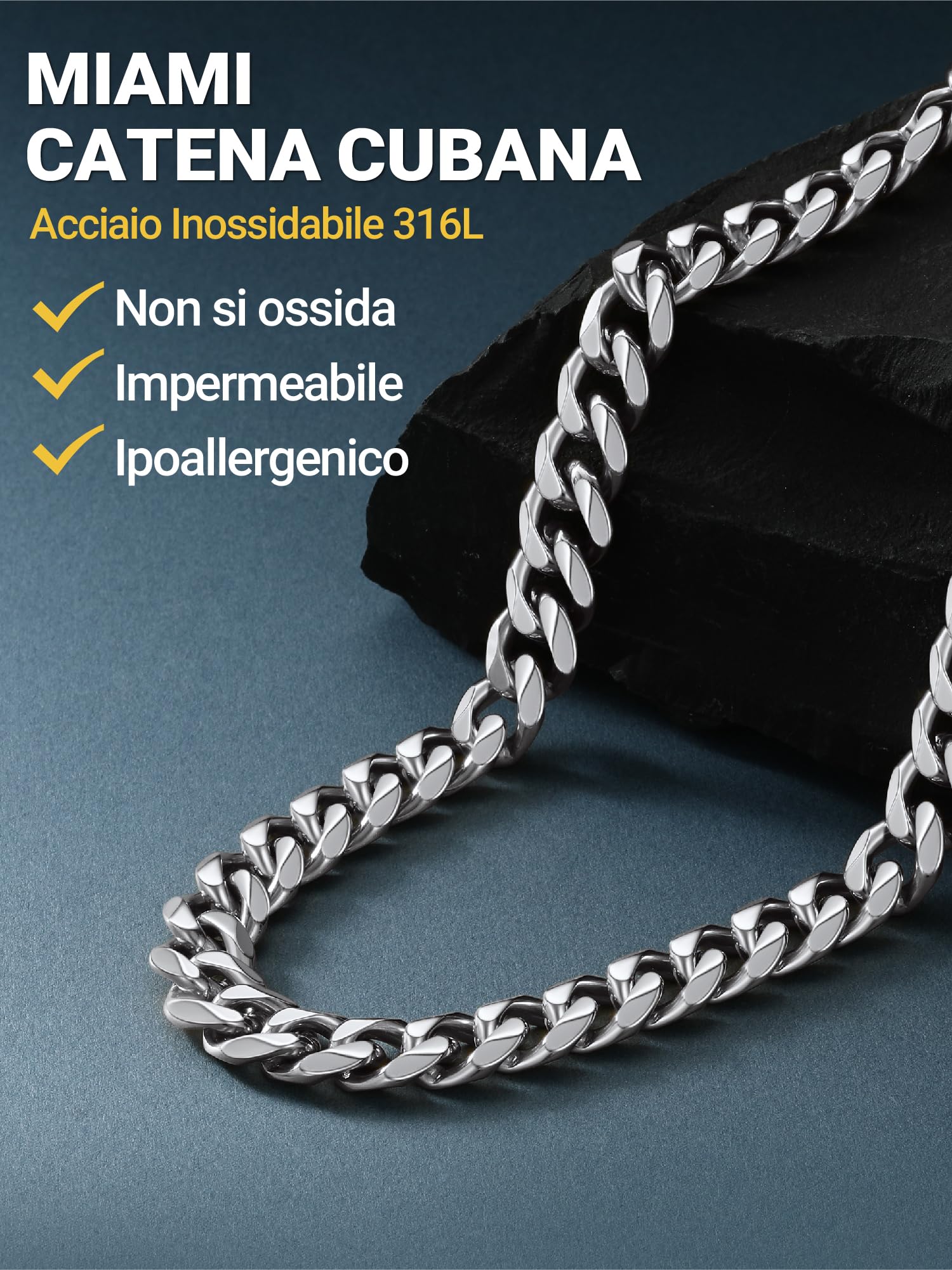 PROSTEEL Collana Argento Uomo， Catena Cubana Miami, 6/9/12MM Larghezza Collane Uomo Acciaio Inox, Impermeabile, Regalo Compleanno, 45-75CM, Punk Hiphop