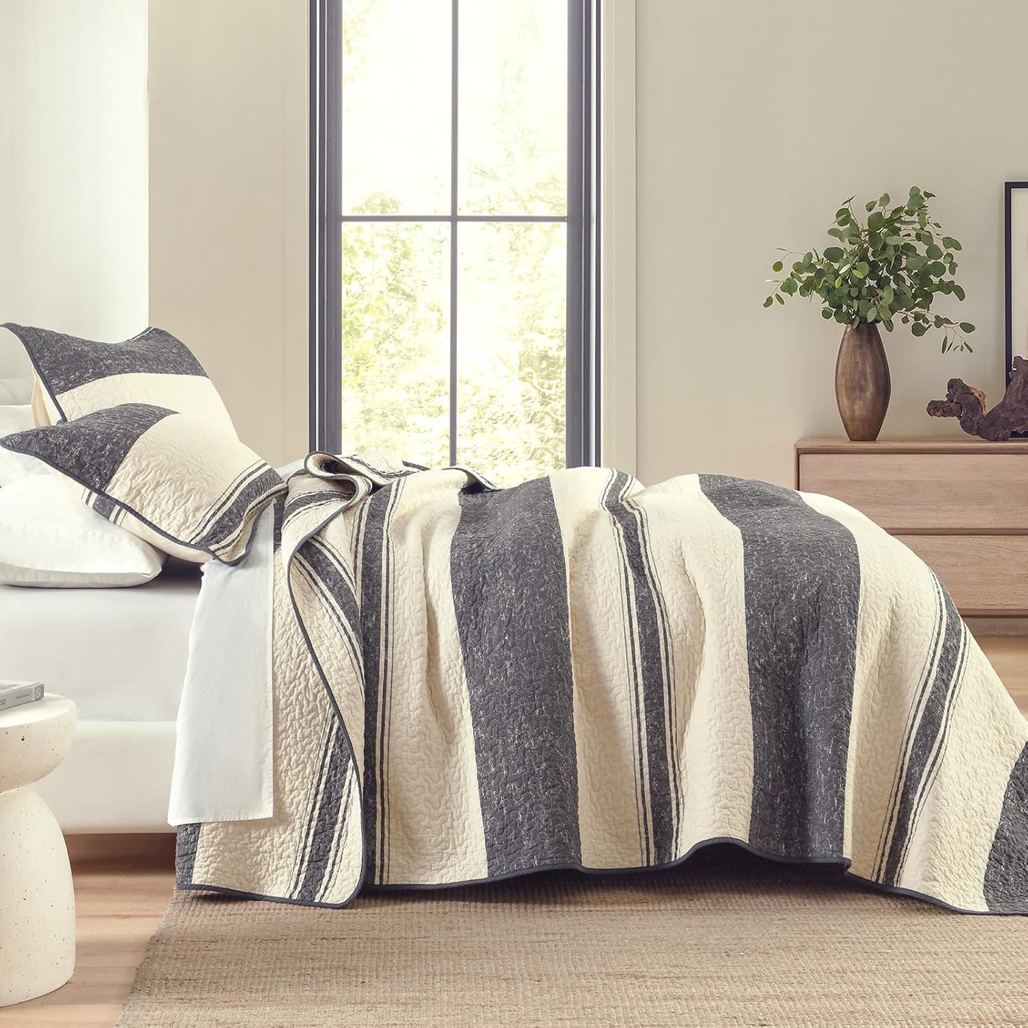 PANGUSHAN 100% Cotton Quilt King Size, King Quilt Set, Farmhouse Striped Quilt Bedding Set Bedspread for King Bed, All Seasons, 3pcs - Image 4