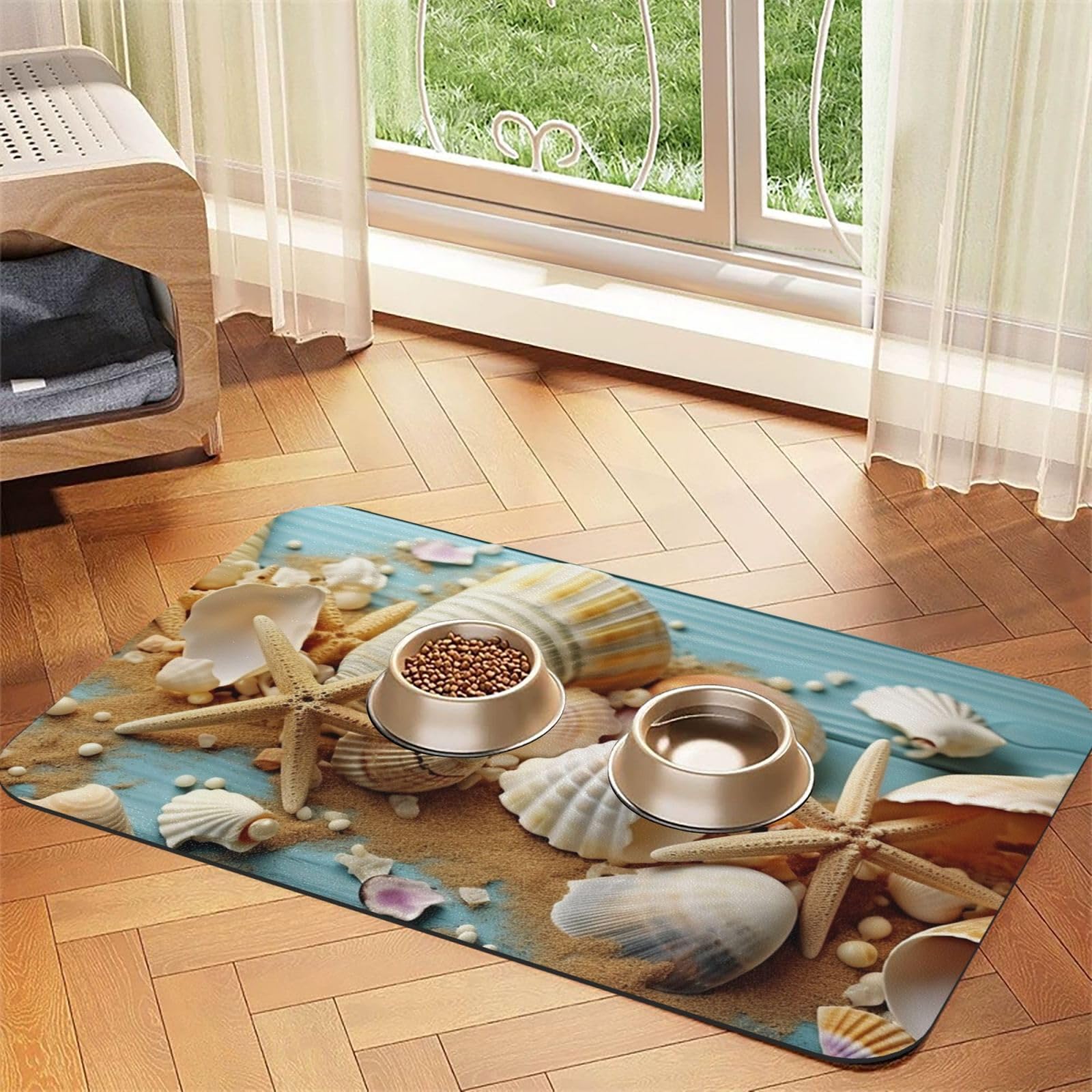 Beach Theme Seashells Dog Food Mat, Absorbent Pet Feeding Mat for Food and Water Bowls Non-Slip Placement Pad for Floors Waterproof Quick Dry Water