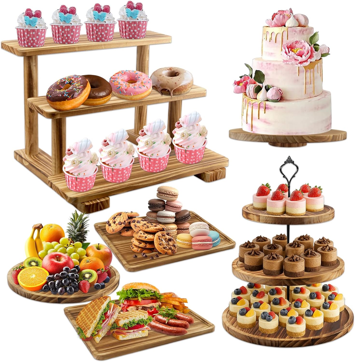 Esmorah Wooden Dessert Table Display Set, Cake and Cupcake Stand Combo (Set of 6)