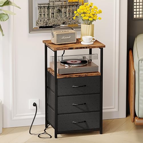 Miniatura 5 de Fixwal Mesita de noche con estación de carga, mesita de noche con cajones de tela, mesita de noche para dormitorio, mesa auxiliar con