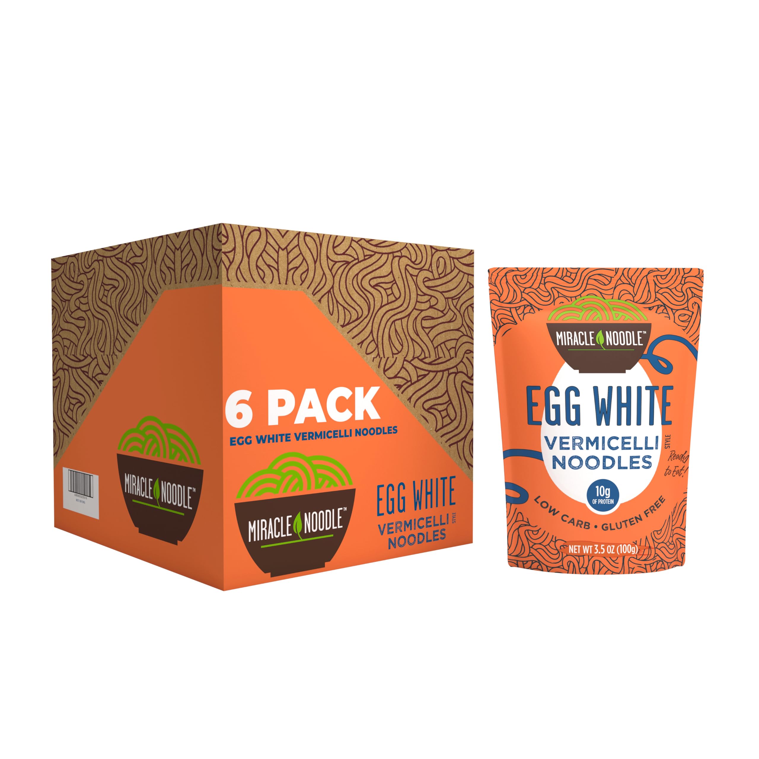 Miracle Noodle Egg White Vermicelli Pasta, 3.5 Oz (Pack of 6), Ready to Eat Egg White Noodles, 10g Protein, 45 Calories, 1g Net Carbs Per Serving, High Protein, Keto, Gluten-Free